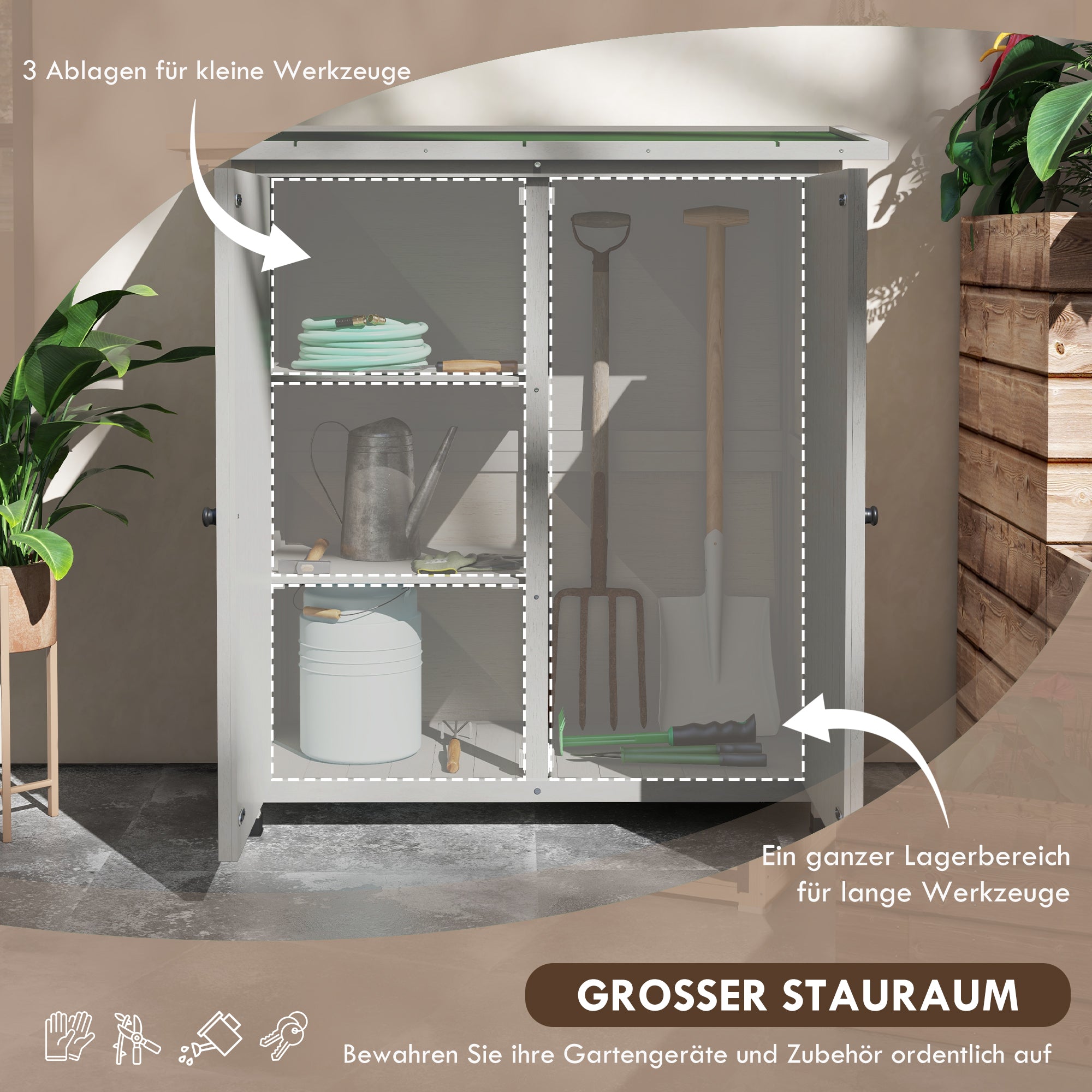 Wooden Garden Cabinet, Weatherproof Tool Shed 110 x 55 x 117 cm, Garden House with Door, Pent Roof, Shelves, Tool Cabinet, Garden Tool Shed for Garden Terrace Light grey