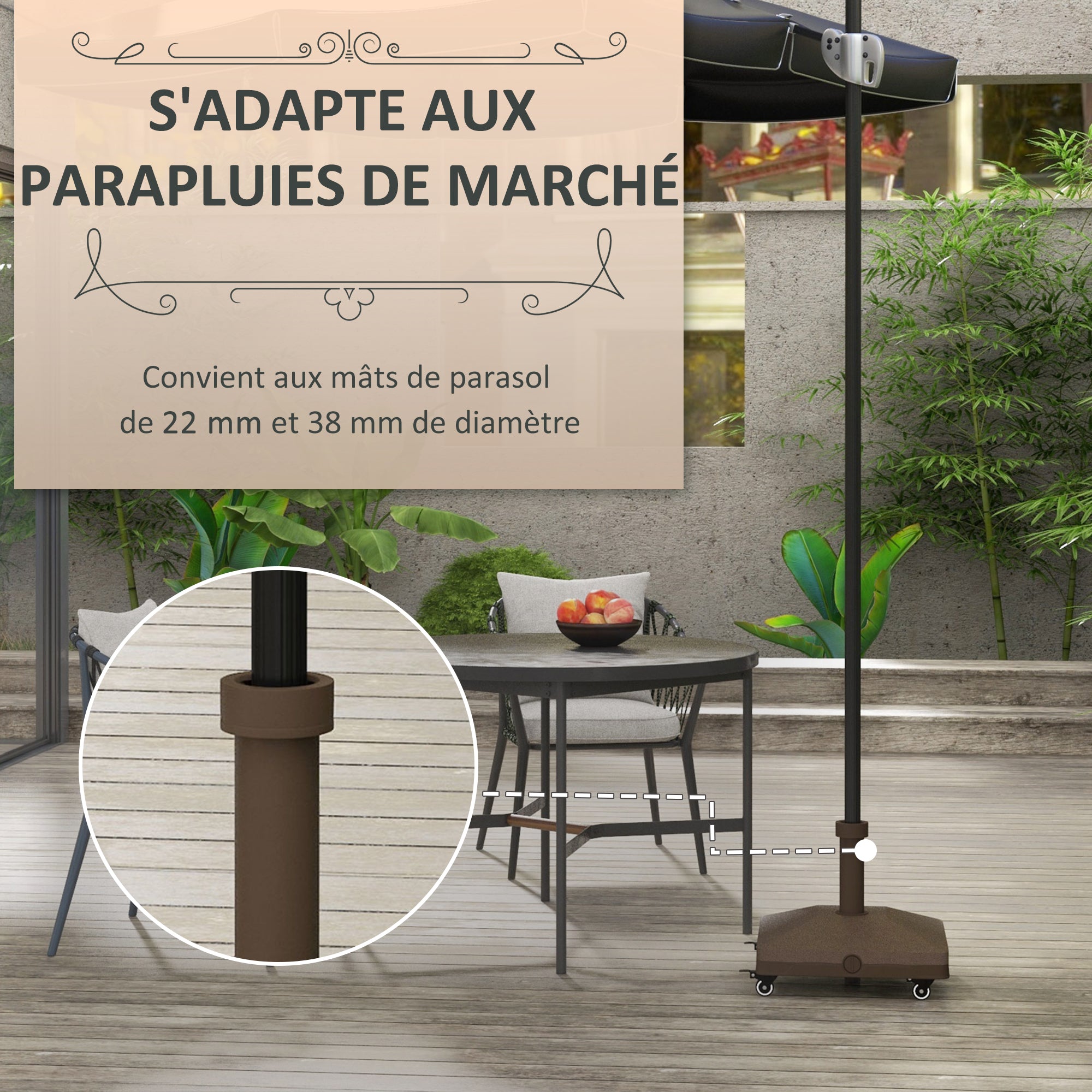Square Parasol Base Weight Stand with 4 Wheels 45L x 45W x 39H cm HDPE Brown