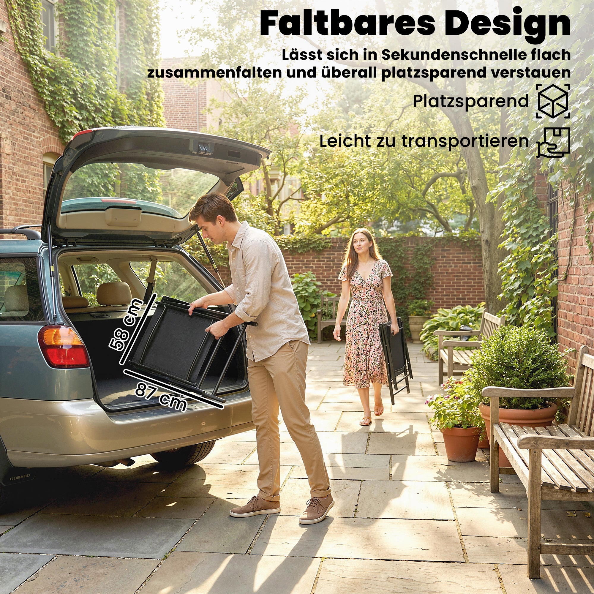 2-Pack Folding Garden Chairs, Foldable with High Back & Armrests for Garden, Balcony, Terrace — Steel Frame, Black Texteline, 22.8" x 24.4" x 38.2" (58 x 62 x 97 cm)