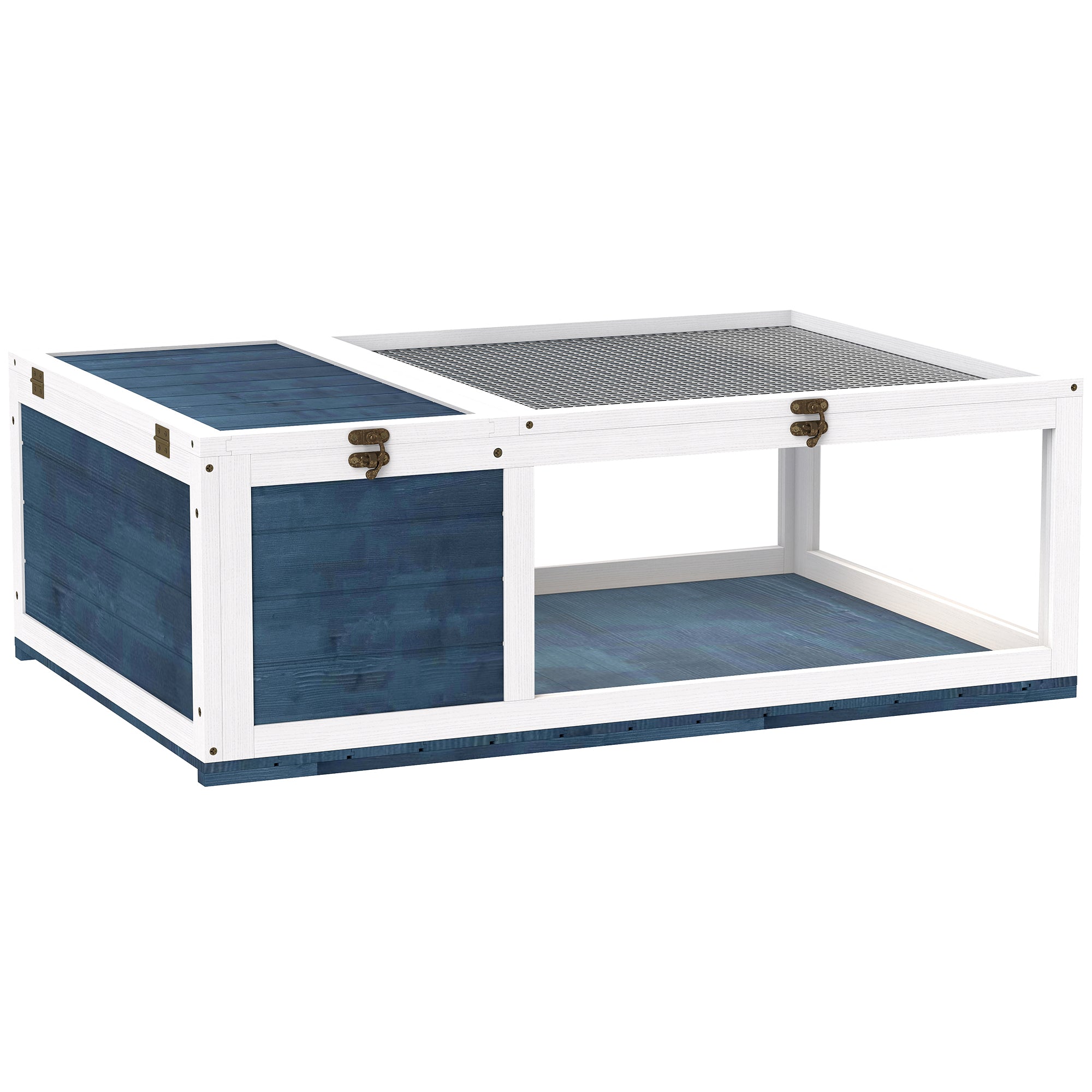 Tortoise House with Modular Space - 2-Zone Habitat, Hinged Roof & Sliding Tray - Indoor/Outdoor Wooden Enclosure for Reptiles, 35.8 x 23.8 x 12.6 in (91 x 60.5 x 32 cm) - Blue
