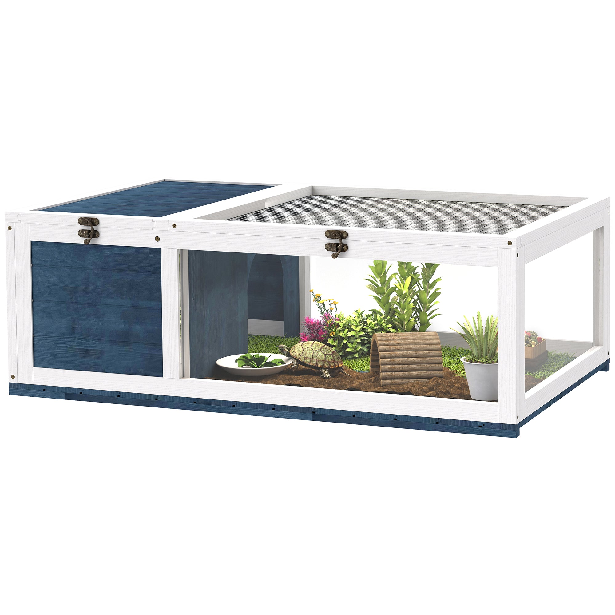 Tortoise House with Modular Space - 2-Zone Habitat, Hinged Roof & Sliding Tray - Indoor/Outdoor Wooden Enclosure for Reptiles, 35.8 x 23.8 x 12.6 in (91 x 60.5 x 32 cm) - Blue