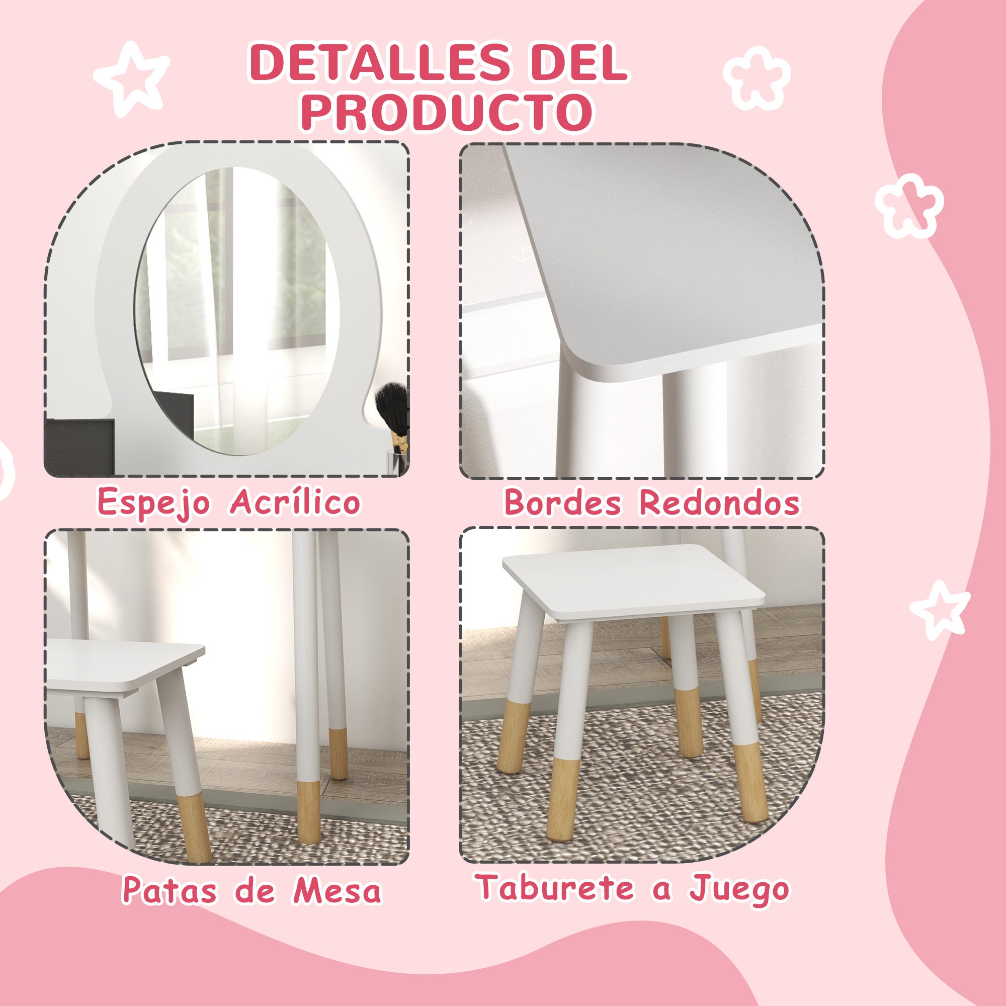 Girls Dressing Table with Stool Children's Makeup Dresser for Girls 3+ Years with Safety Mirror Simple White Design