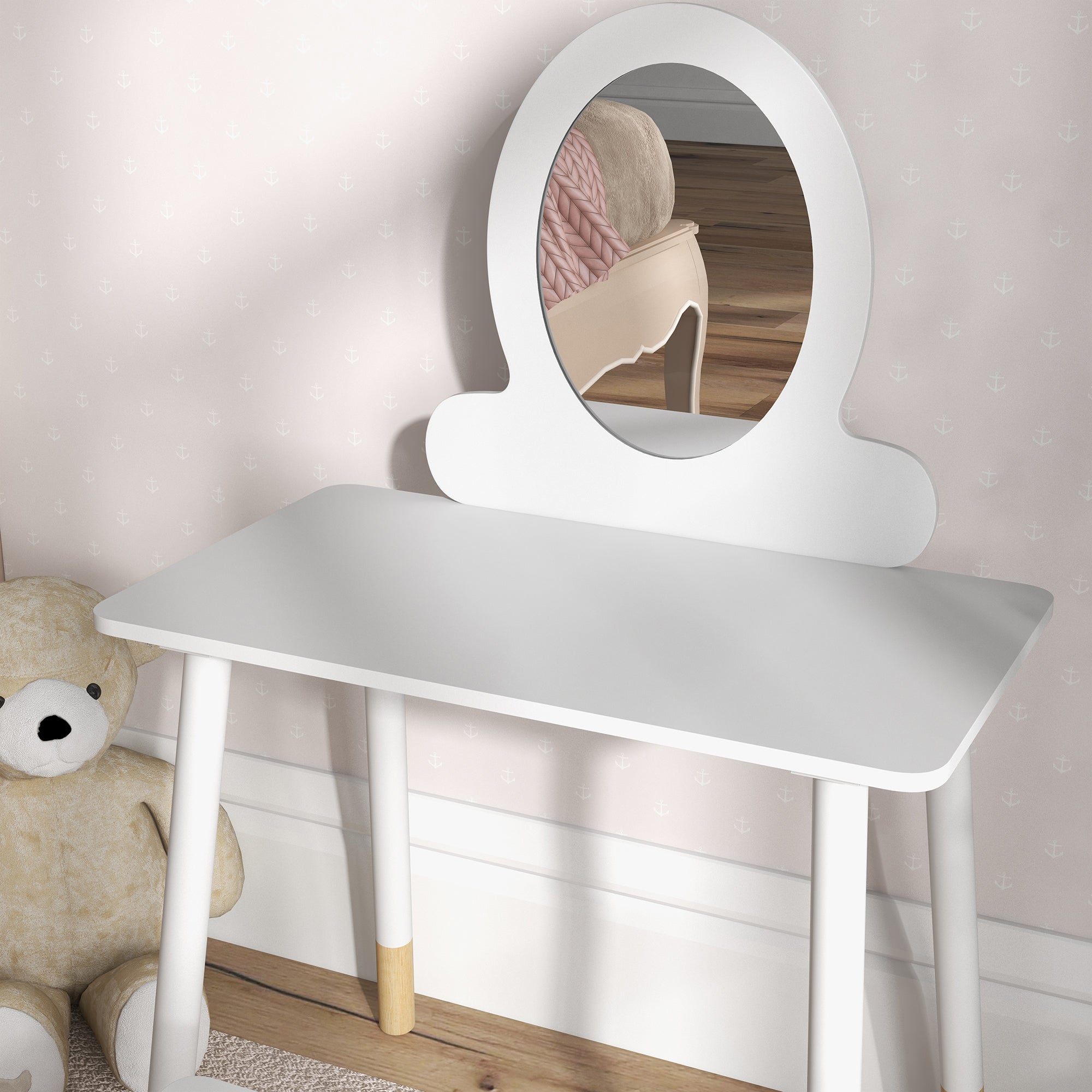 Girls Dressing Table with Stool Children's Makeup Dresser for Girls 3+ Years with Safety Mirror Simple White Design