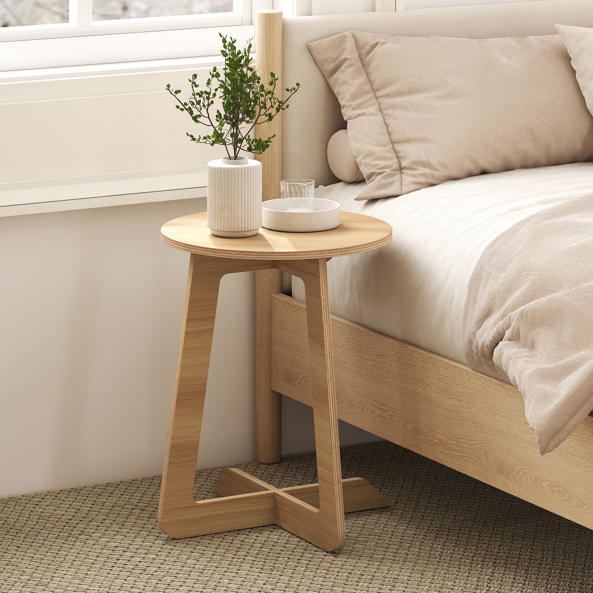 C-Shaped Side Table, Round Accent Table, Quick Assembly, for Small Spaces, Living Room & Bedroom, Natural