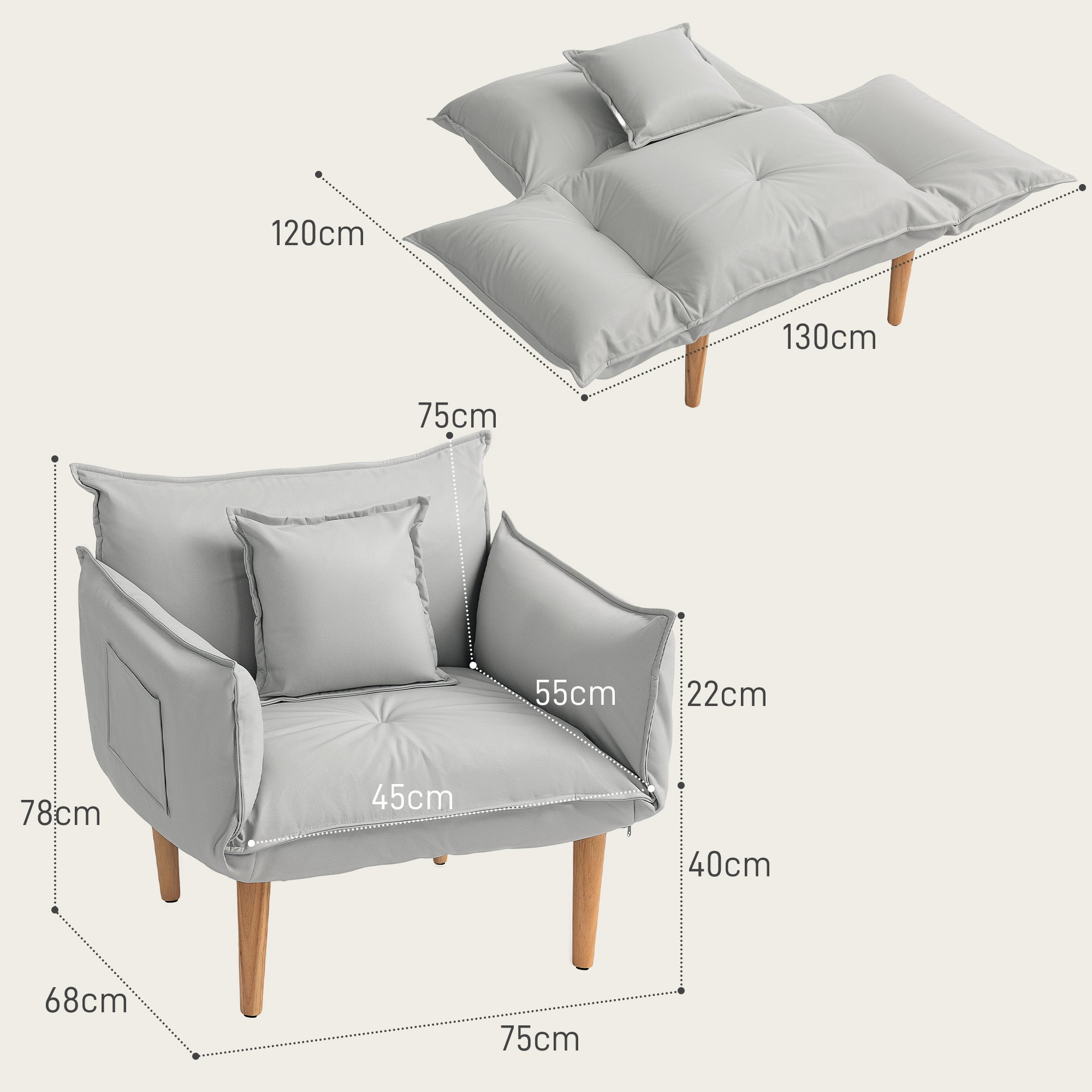 2-in-1 Chair, Lounge Chair with Cushion, Floor Chair with Adjustable Backrest, Upholstered Armchair with Wooden Legs, Single Chair for Living Room, Microfiber Cloth, Light Gray