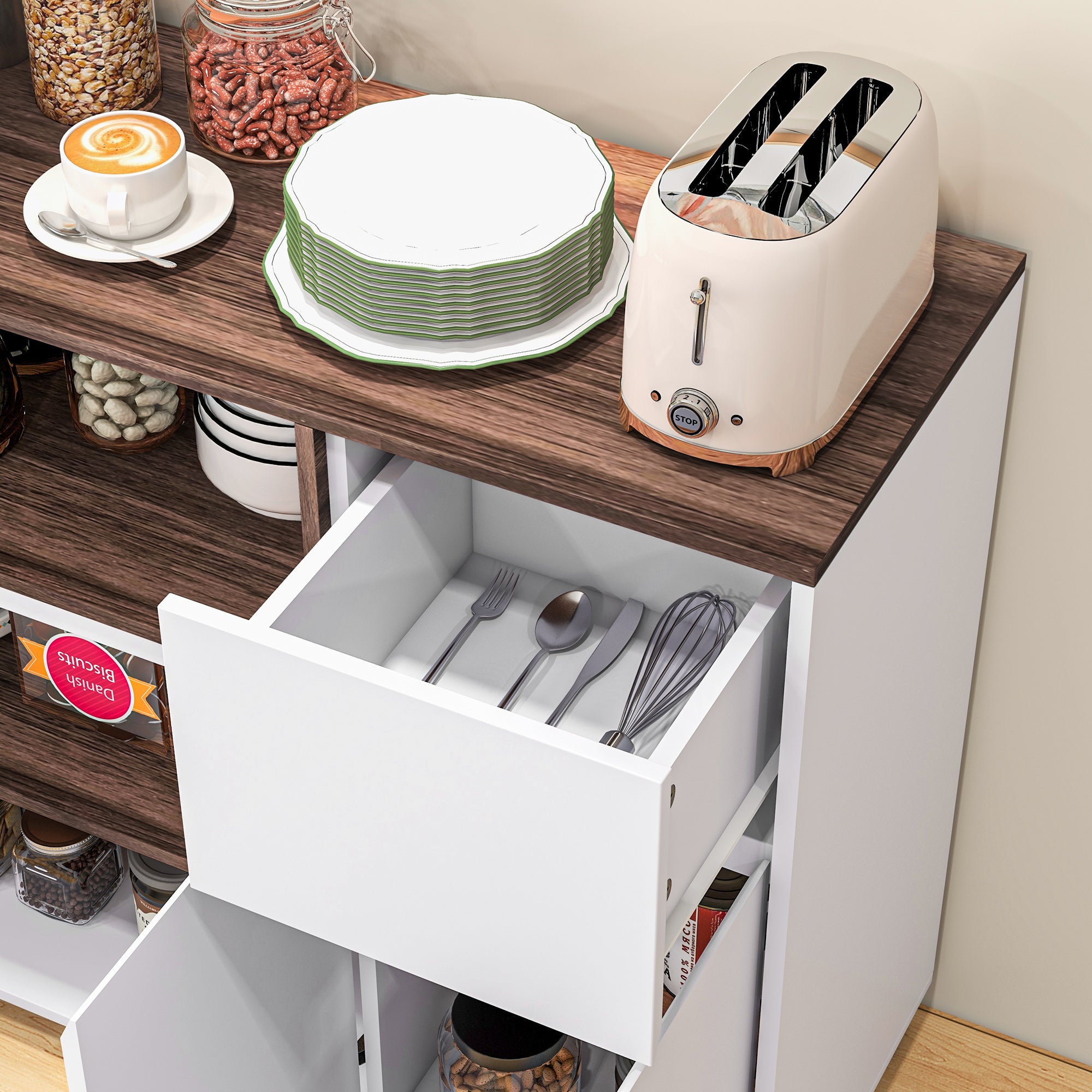 Modern Wooden Kitchen Sideboard with Cabinets, Drawer, and Open Compartment, Multi-Purpose Mobile Unit for Kitchen and Living Room, 105x39x83cm, White