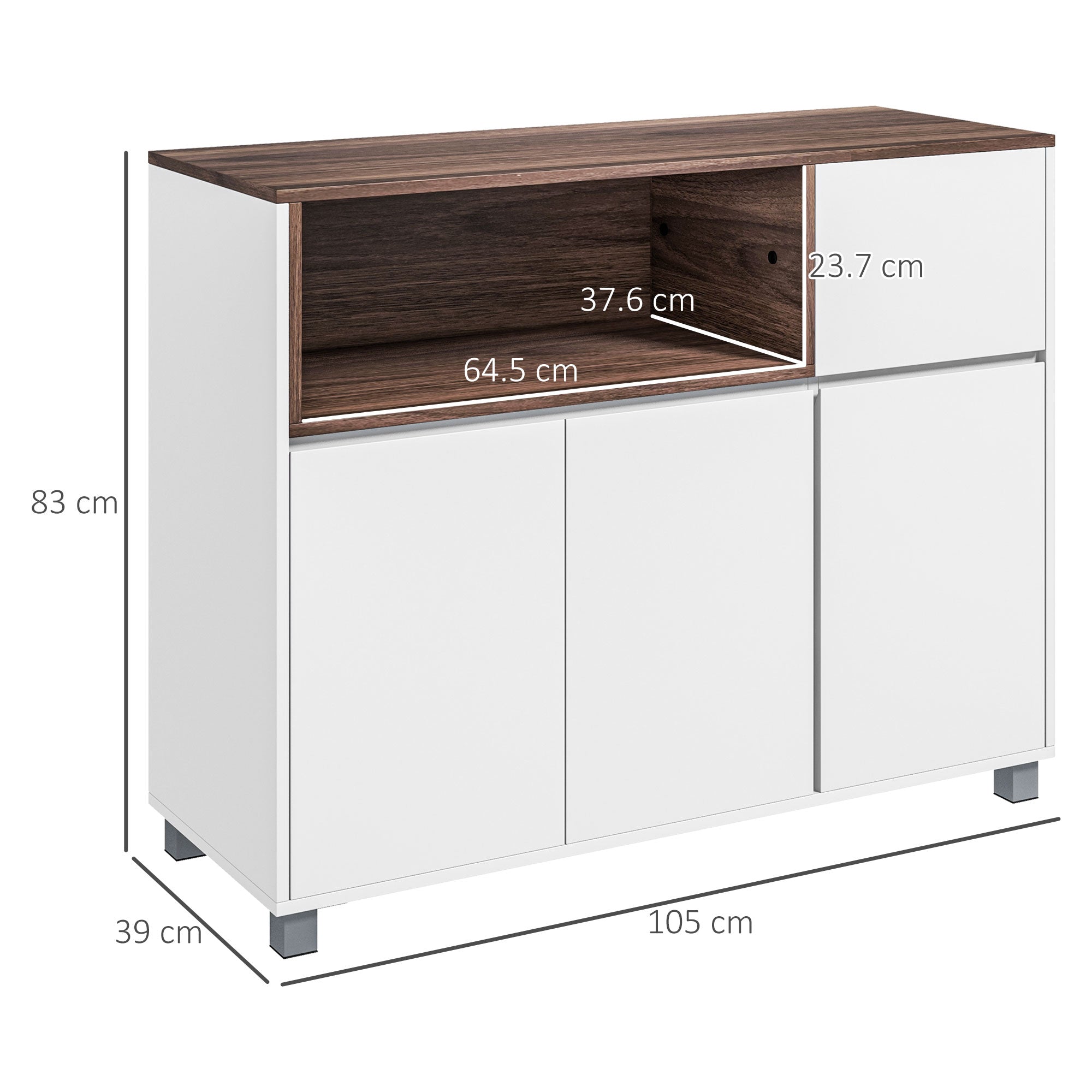 Modern Wooden Kitchen Sideboard with Cabinets, Drawer, and Open Compartment, Multi-Purpose Mobile Unit for Kitchen and Living Room, 105x39x83cm, White
