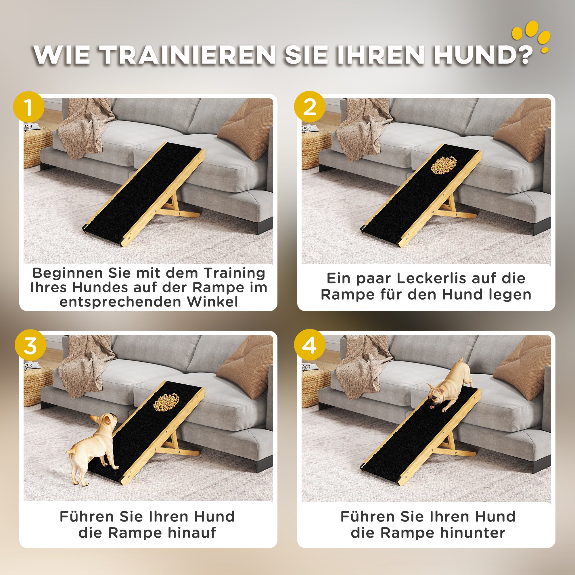 Foldable Dog Ramp, Height Adjustable Pet Ramp, Non-Slip Dog Entry Aid for Small and Medium Dogs up to 15 kg, 83.5 x 35 x 47.5 cm, Natural