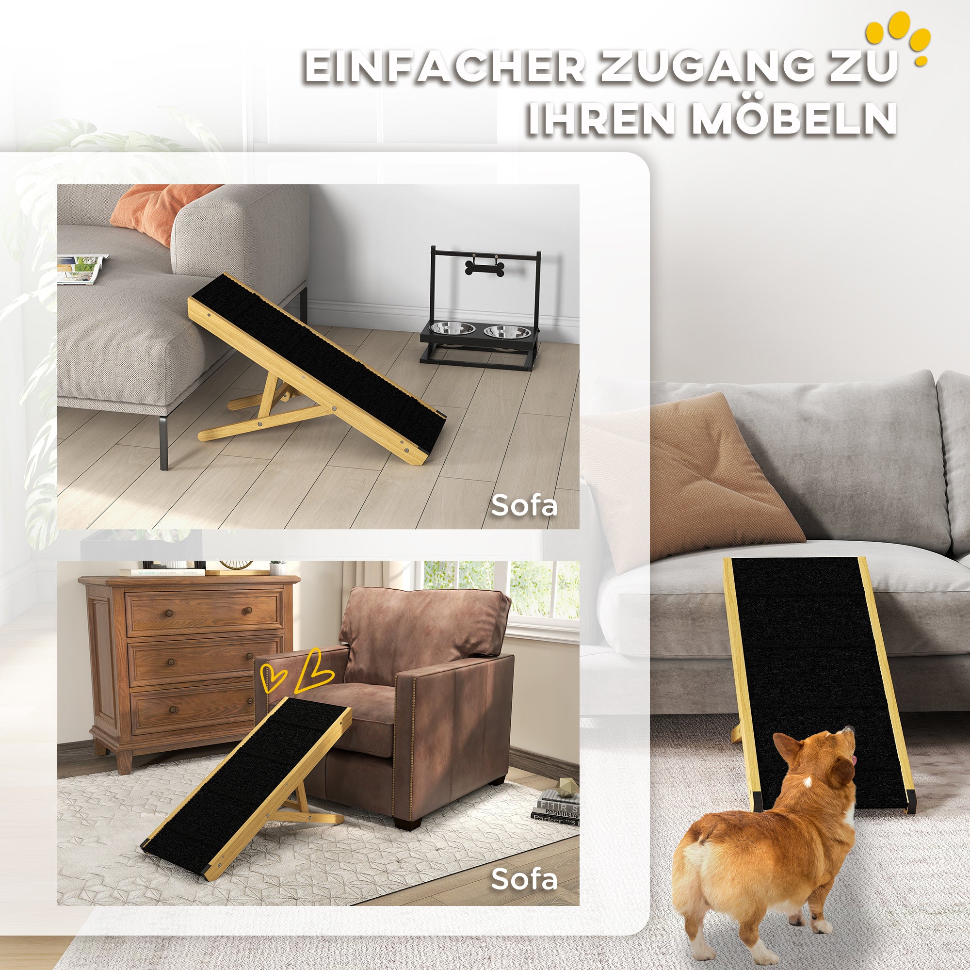 Foldable Dog Ramp, Height Adjustable Pet Ramp, Non-Slip Dog Entry Aid for Small and Medium Dogs up to 15 kg, 83.5 x 35 x 47.5 cm, Natural