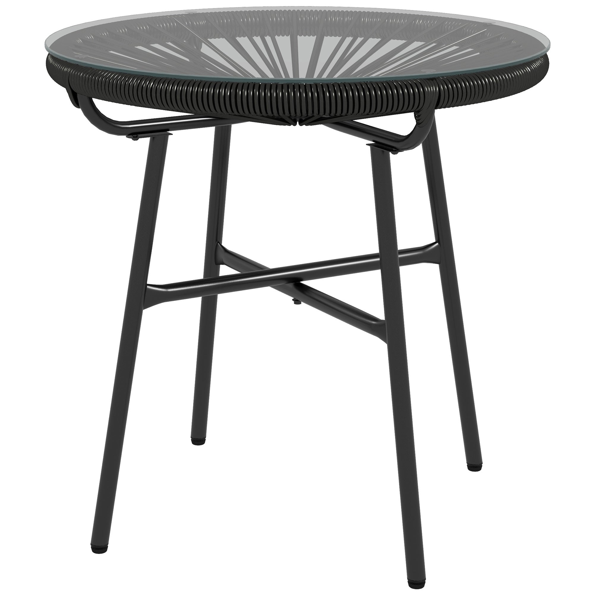 Rattan Side Table, Bistro Table, Coffee Table with Glass Tabletop, Round Garden Table, for Patio, Balcony, Black, 50 x 50 x 50 cm