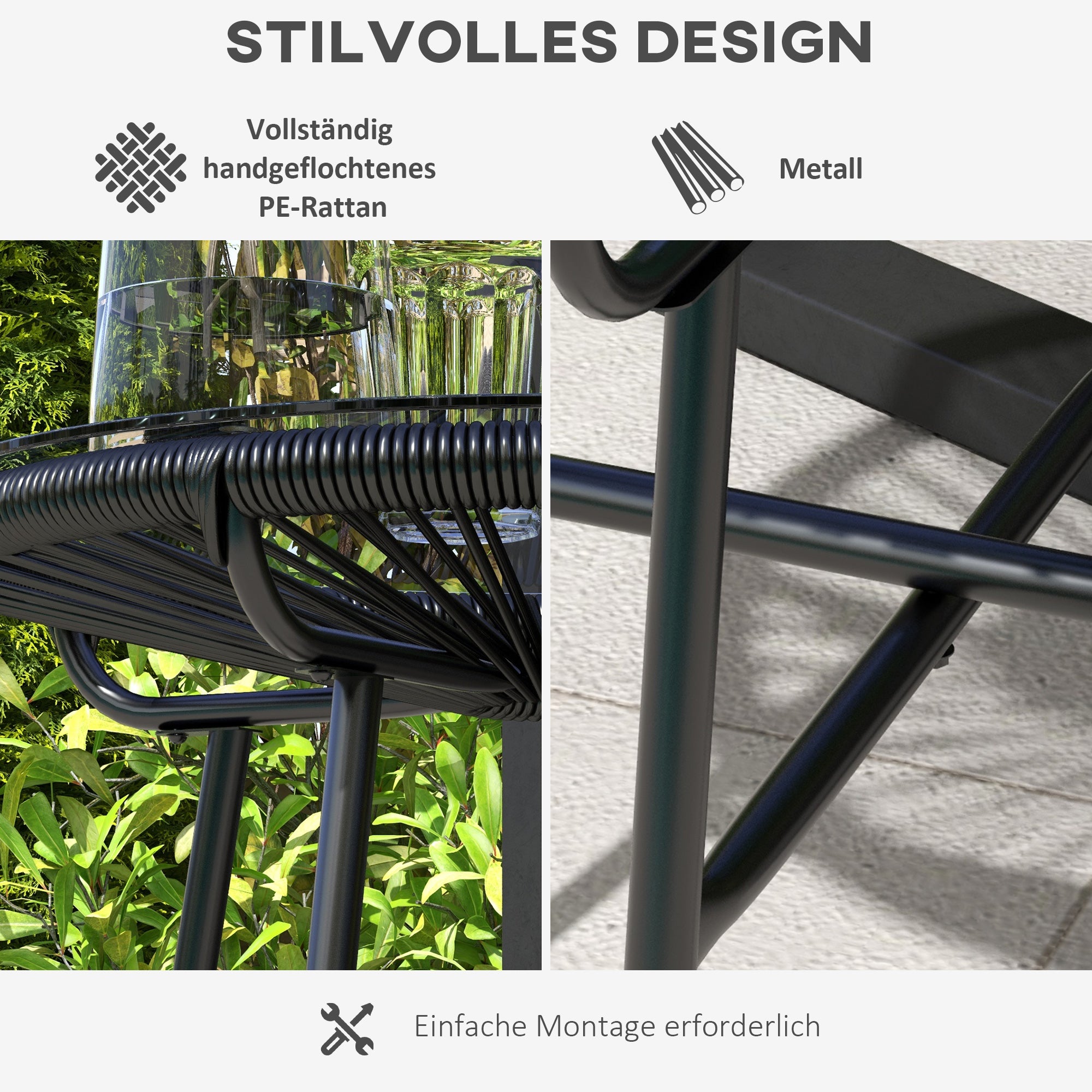 Rattan Side Table, Bistro Table, Coffee Table with Glass Tabletop, Round Garden Table, for Patio, Balcony, Black, 50 x 50 x 50 cm