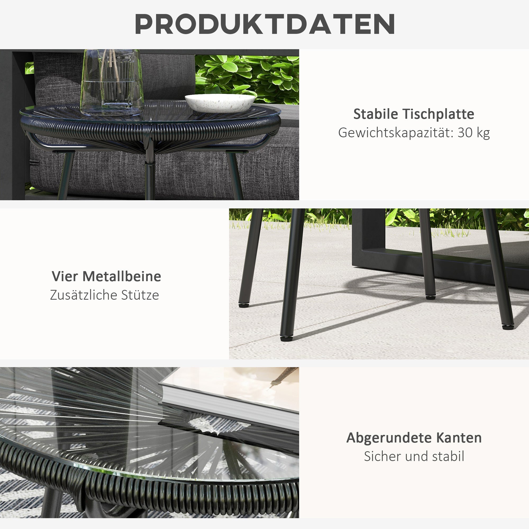 Rattan Side Table, Bistro Table, Coffee Table with Glass Tabletop, Round Garden Table, for Patio, Balcony, Black, 50 x 50 x 50 cm