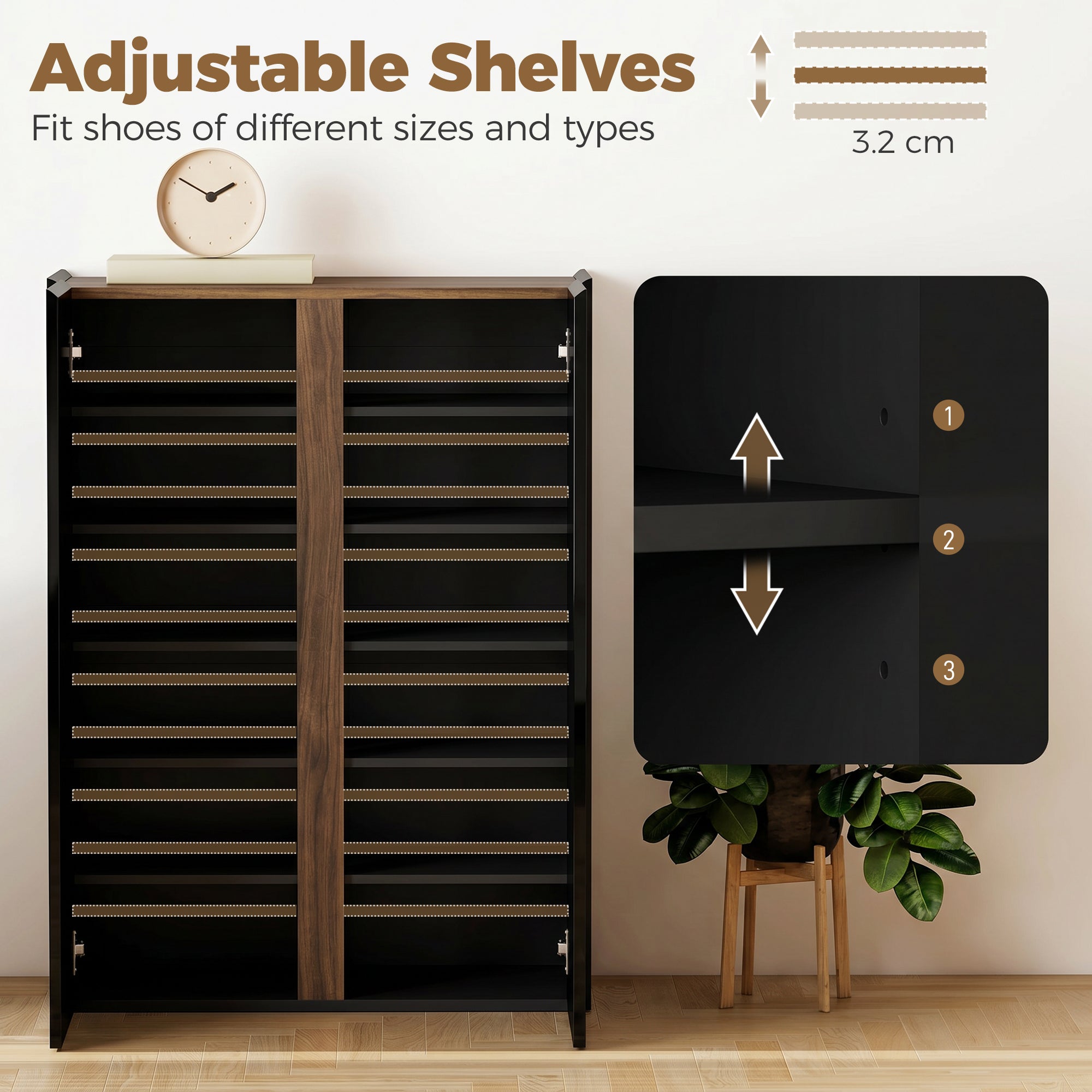 Shoe Cabinet with Soft-Close Safety Doors, 6-Tier Storage for up to 18 Pairs, Handleless Design, High-Gloss Black