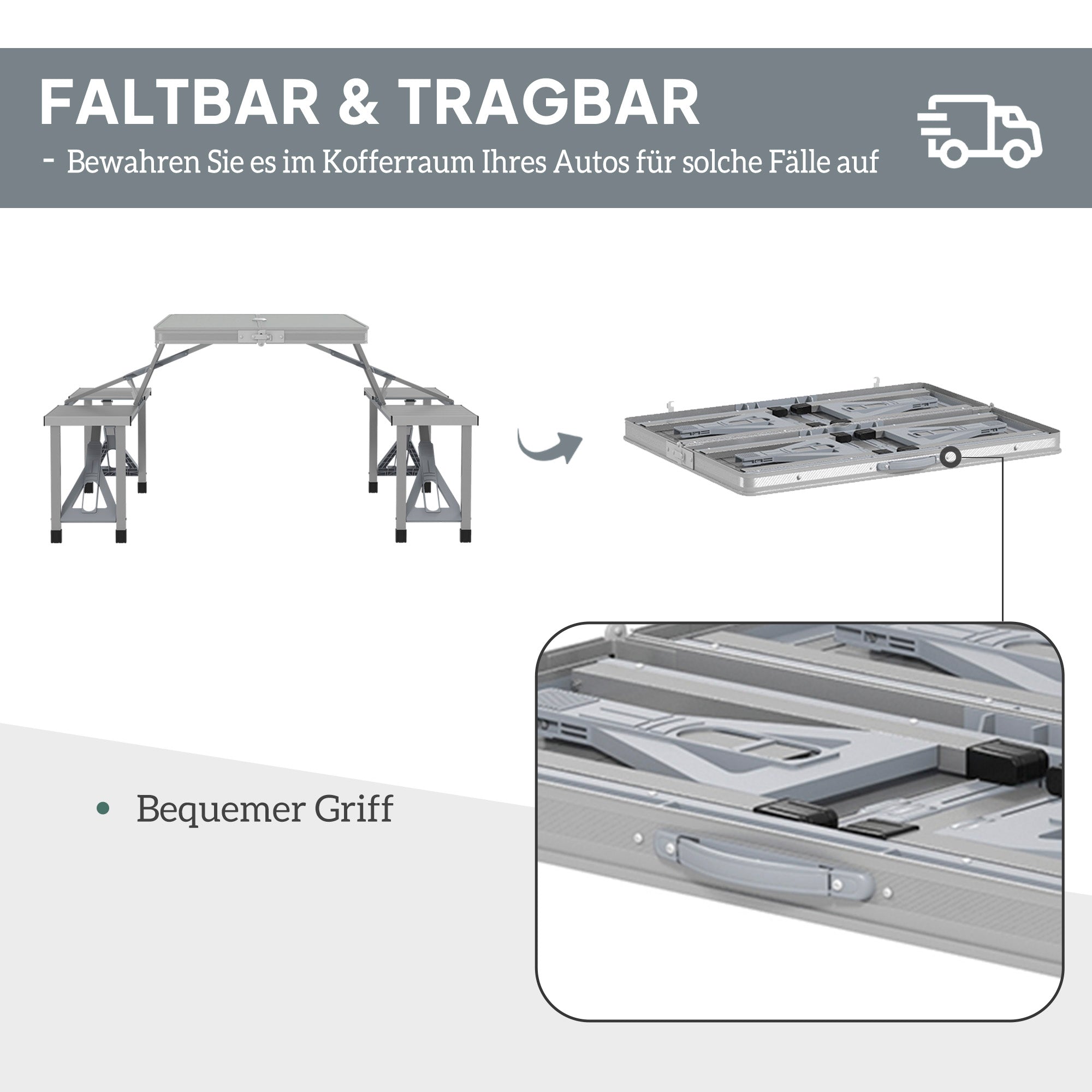 Camping Table Folding Table with 4 Chairs Foldable Garden Table Made of Aluminum Lightweight Multi-functional Table 4 Persons Side Table for Garden Patio Balcony 85.5 x 135cm Grey