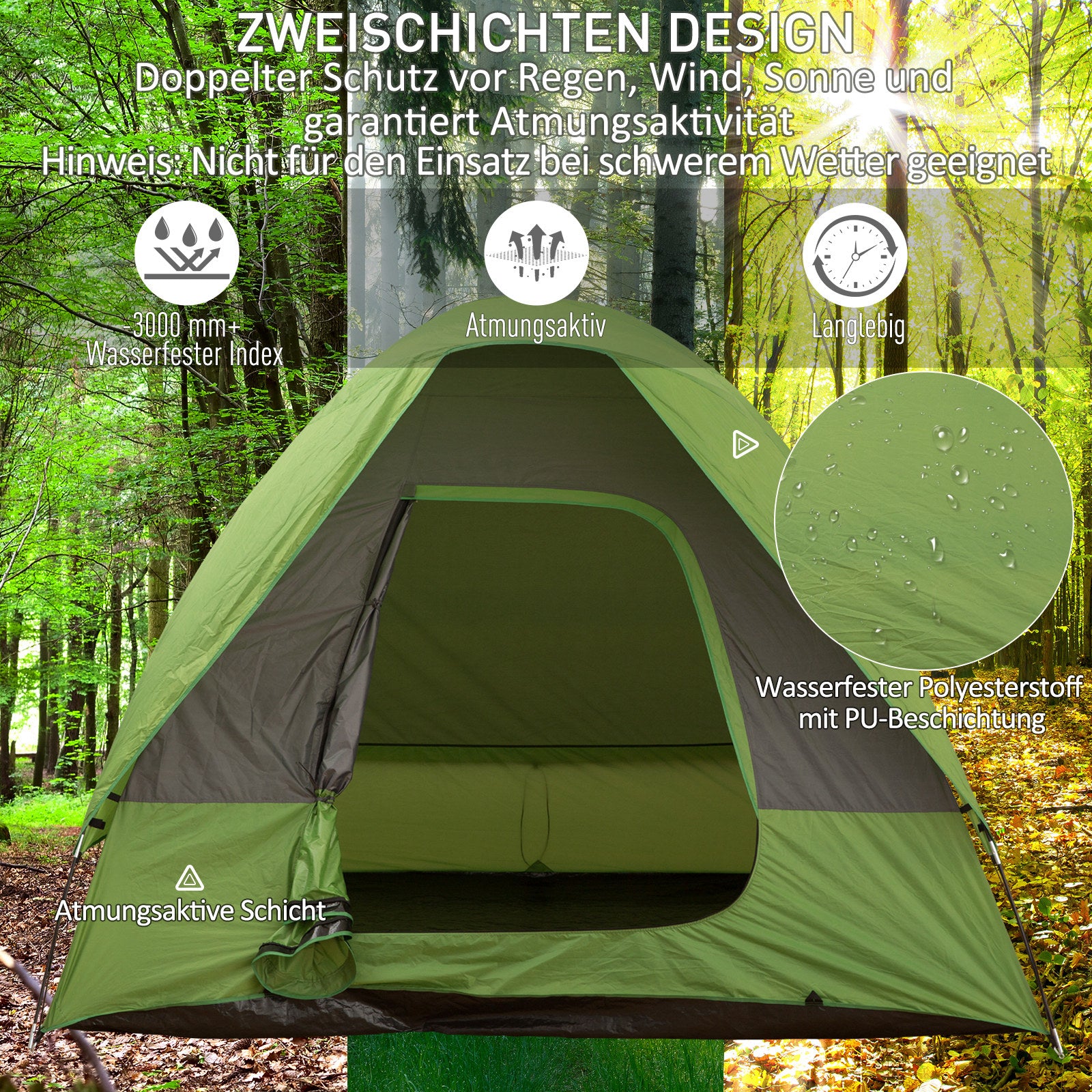 Car Tent, Camping Tent, Travel Tent, for 4-5 People, Fiberglass Polyester, Green, 300 x 300 x 230 cm