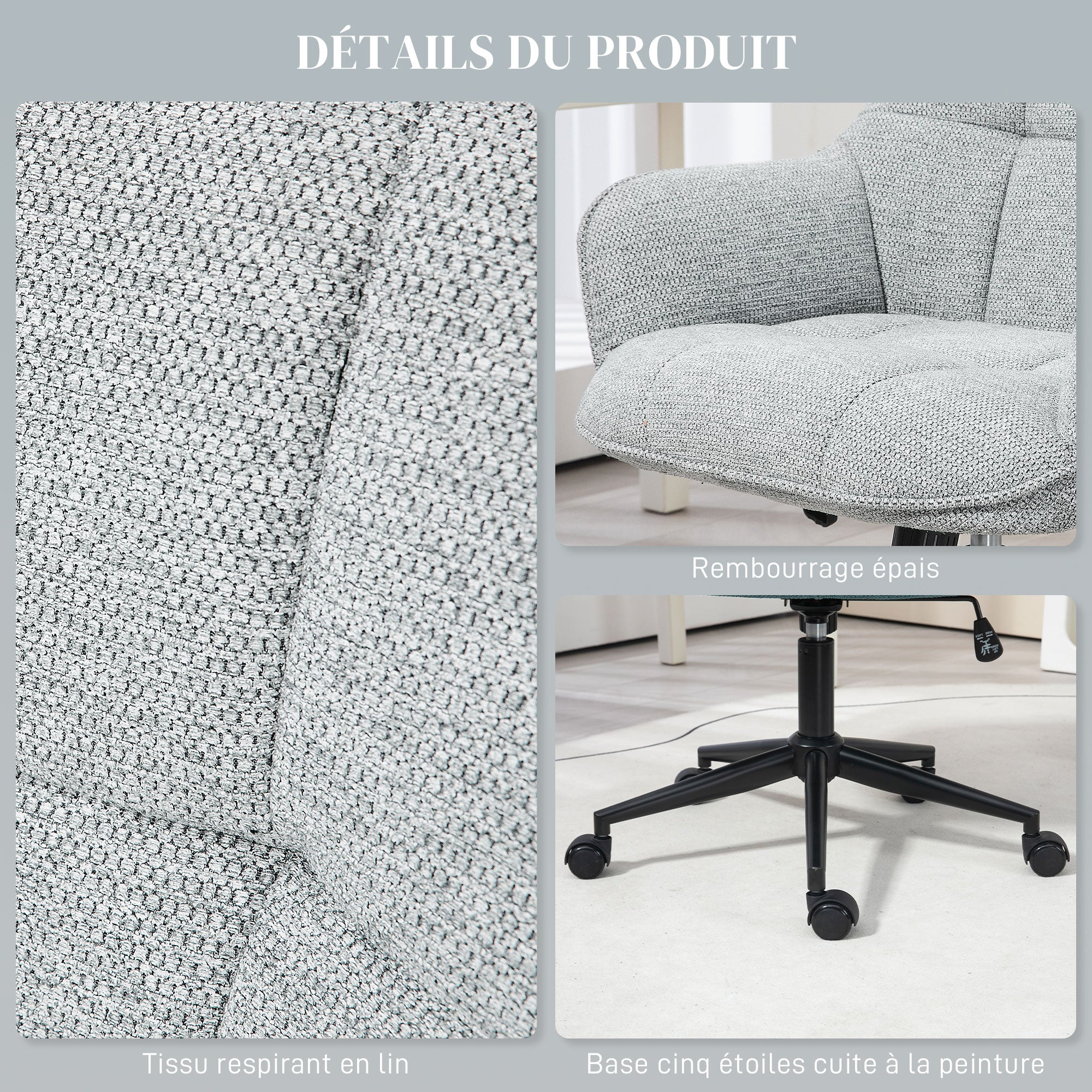 Office Chair Contemporary Design Padded Backrest Seat Height Adjustable 360° Swivel Black Base Grey Fabric Upholstery