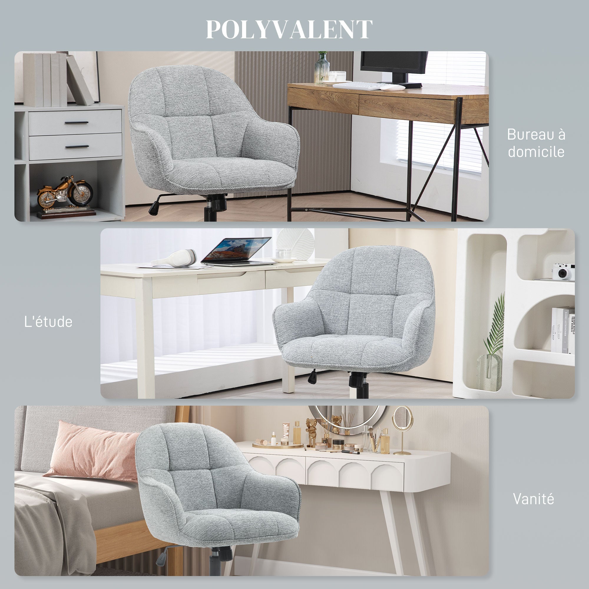 Office Chair Contemporary Design Padded Backrest Seat Height Adjustable 360° Swivel Black Base Grey Fabric Upholstery