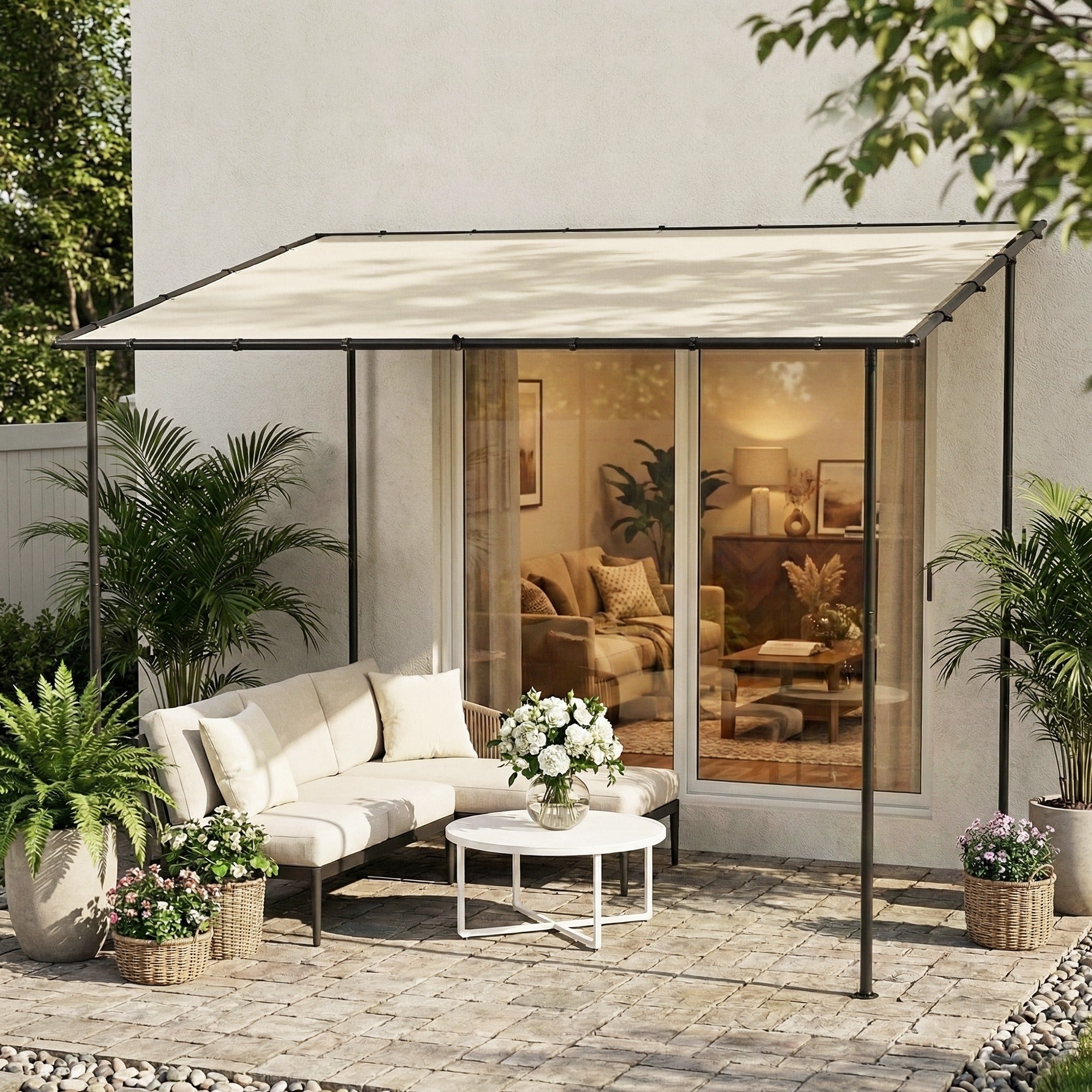 3 x 2 m Wall-Mounted Garden Pergola — Metal Frame, Water-Resistant Canopy, Cream