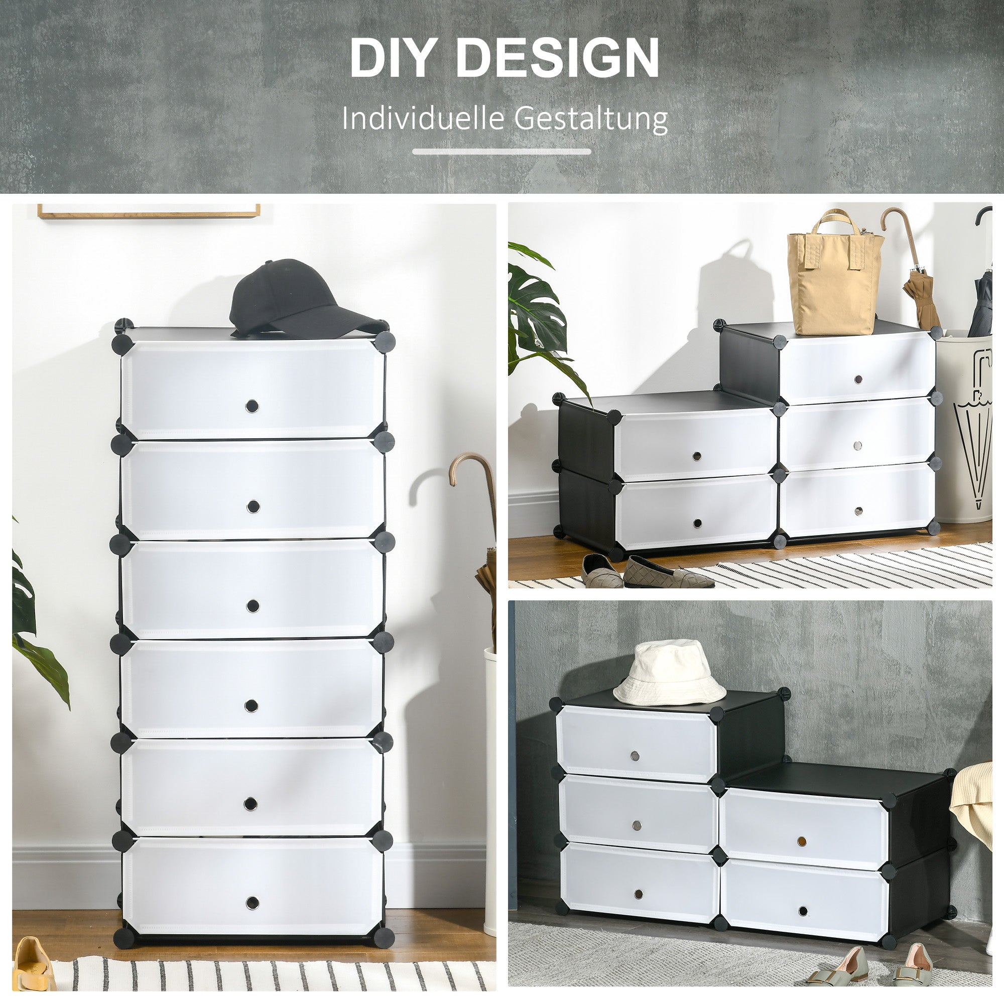 Plastic Shoe Rack Storage Shelf for 6 Pairs of Shoes Shoe Box for Hallway DIY Modular Shelving Shoe Storage Black+White 49 x 36.5 x 108 cm