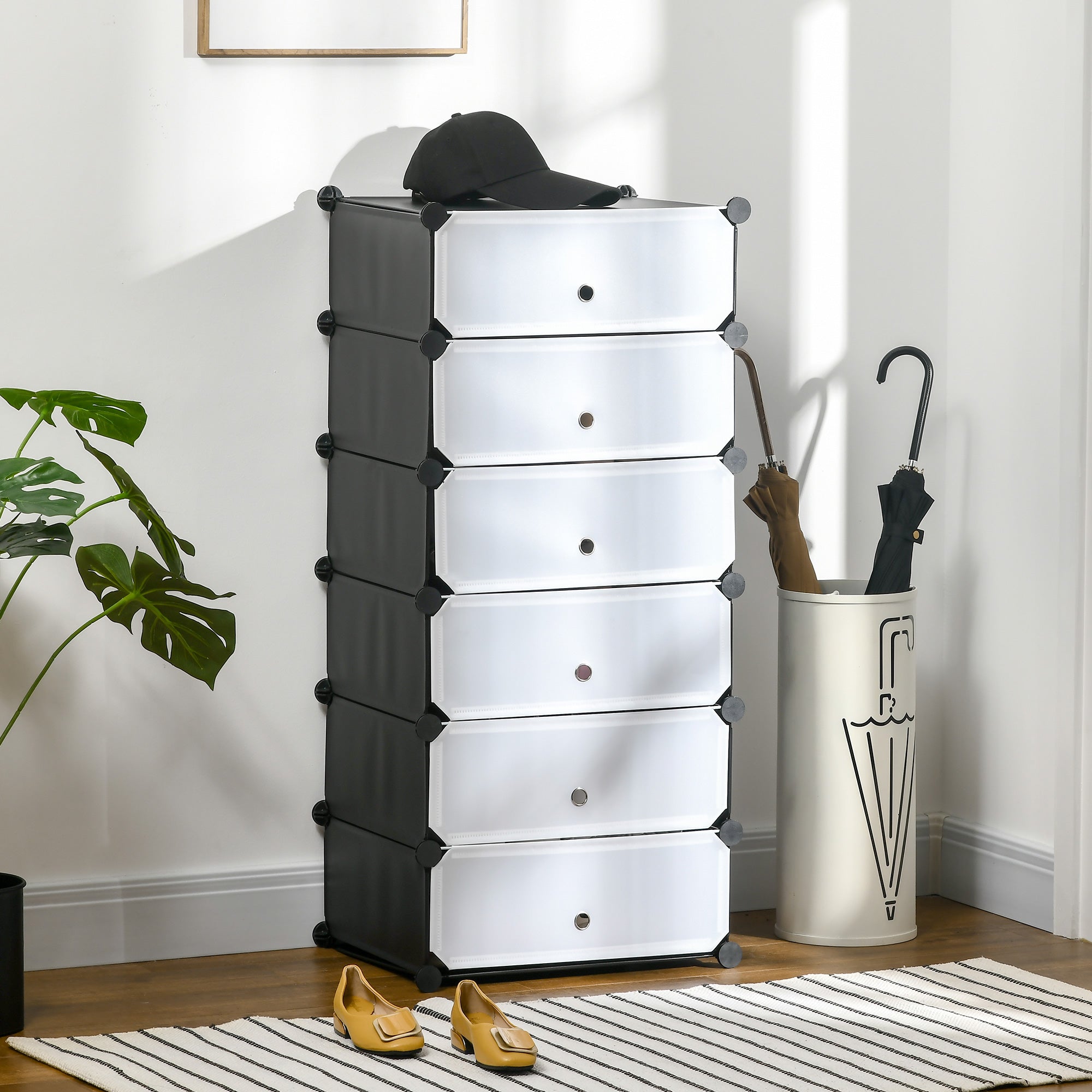 Plastic Shoe Rack Storage Shelf for 6 Pairs of Shoes Shoe Box for Hallway DIY Modular Shelving Shoe Storage Black+White 49 x 36.5 x 108 cm