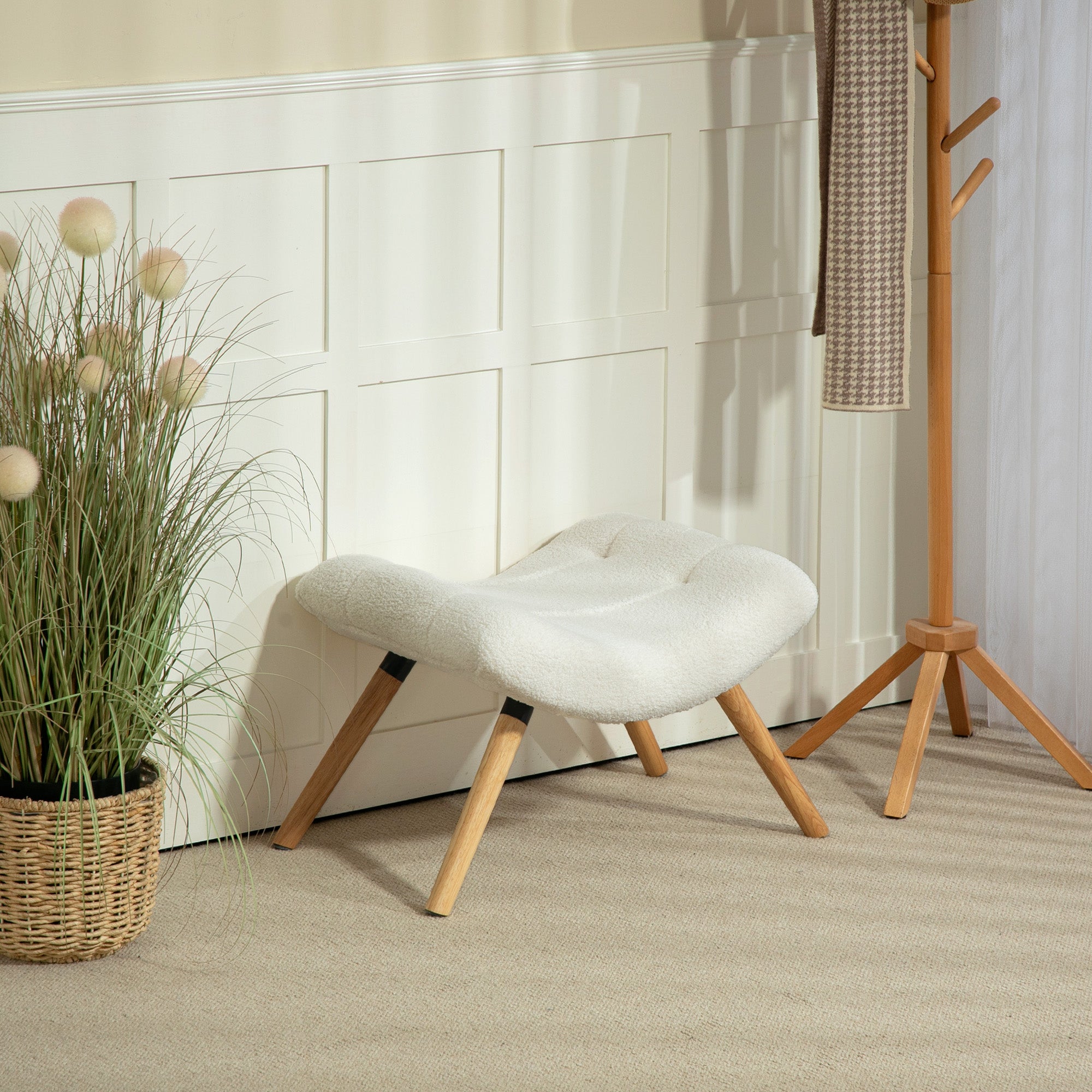 Footstool, Ottoman with Berber Fleece Fabric, Upholstered Stool up to 120 kg Capacity, for Living Room, Bedroom, 67 x 45 x 38 cm, Cream White