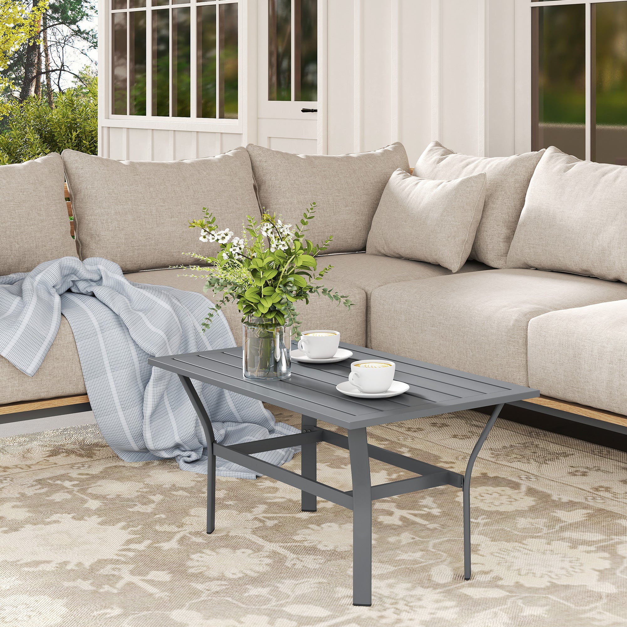 Side Table Metal Balcony Table with Slatted Design Weatherproof Coffee Table Garden Table Easy-Care Coffee Table Outdoor Table for Balcony Garden Terrace Porch 91.5 x 55 x 45 cm Dark Grey