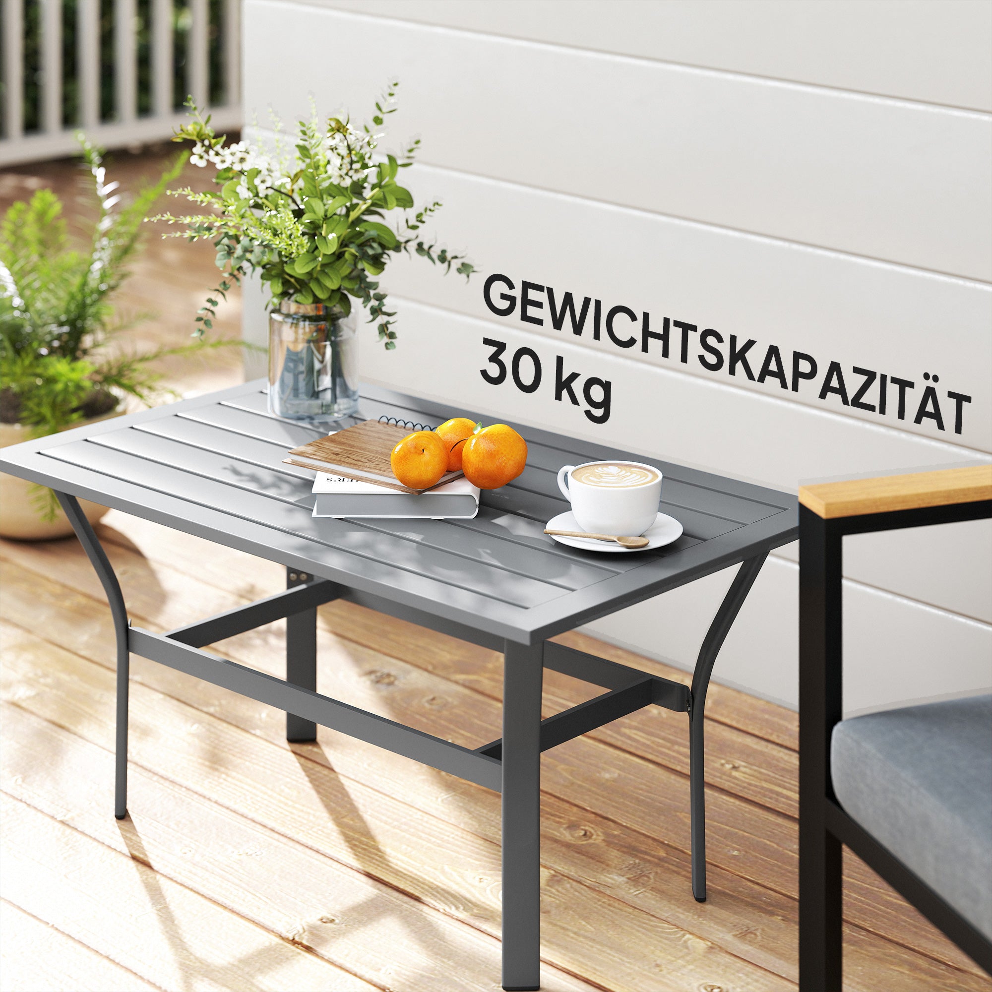 Side Table Metal Balcony Table with Slatted Design Weatherproof Coffee Table Garden Table Easy-Care Coffee Table Outdoor Table for Balcony Garden Terrace Porch 91.5 x 55 x 45 cm Dark Grey