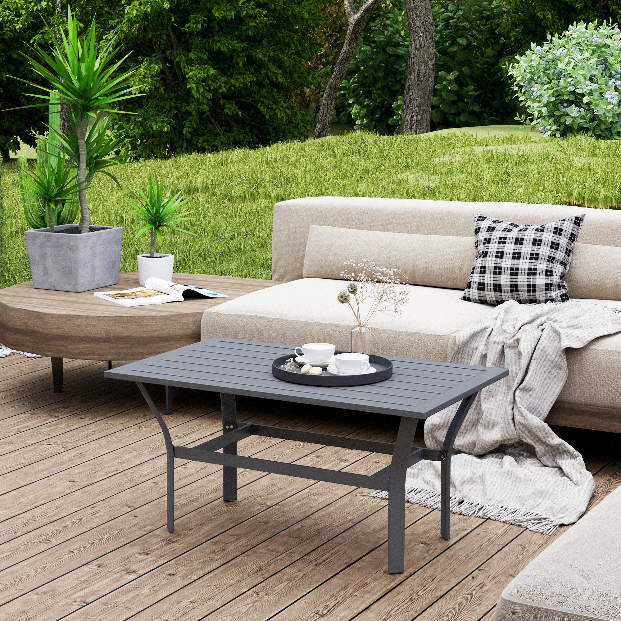 Side Table Metal Balcony Table with Slatted Design Weatherproof Coffee Table Garden Table Easy-Care Coffee Table Outdoor Table for Balcony Garden Terrace Porch 91.5 x 55 x 45 cm Dark Grey
