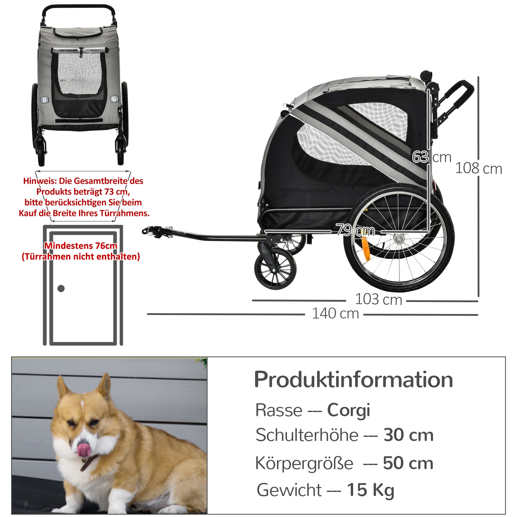 2-in-1 Dog Trailer & Dog Buggy, Dog Bike Trailer, Dog Cart with Reflectors for Medium Dogs up to 20 kg, Oxford Fabric, Gray