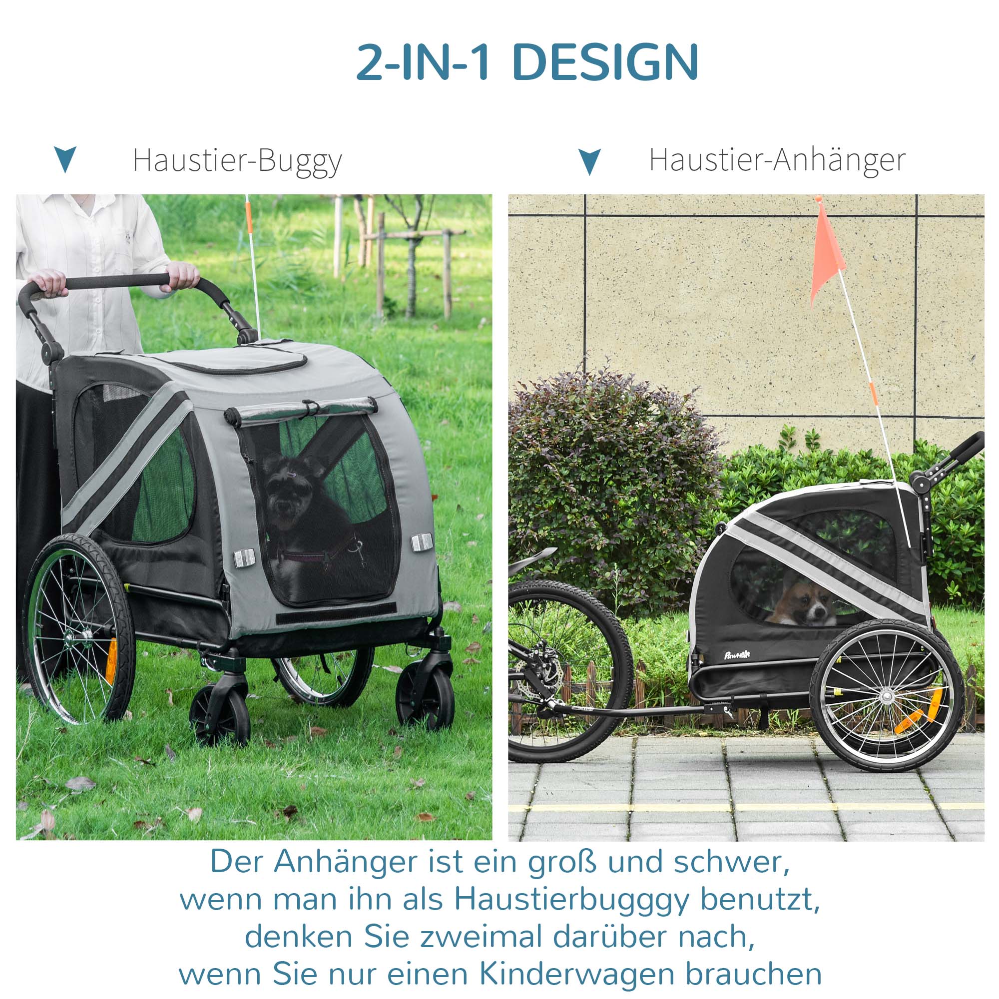 2-in-1 Dog Trailer & Dog Buggy, Dog Bike Trailer, Dog Cart with Reflectors for Medium Dogs up to 20 kg, Oxford Fabric, Gray