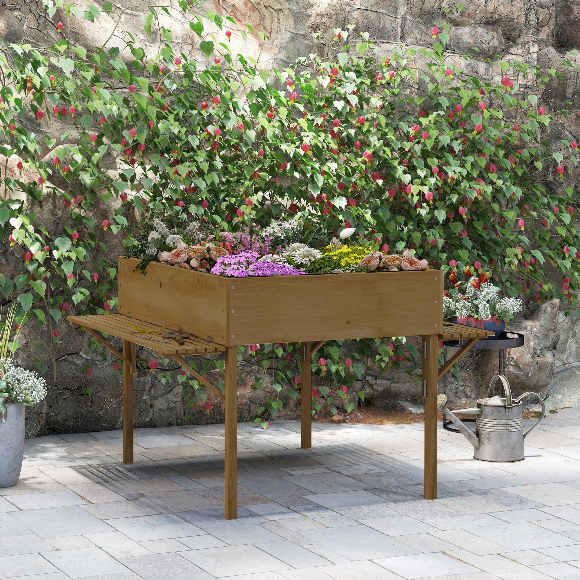 Rectangular Raised Planter with 12 Compartments - Raised Garden Bed with Foldable Side Shelves and Non-Woven Fabric Film 122L x 91.5W x 89H cm