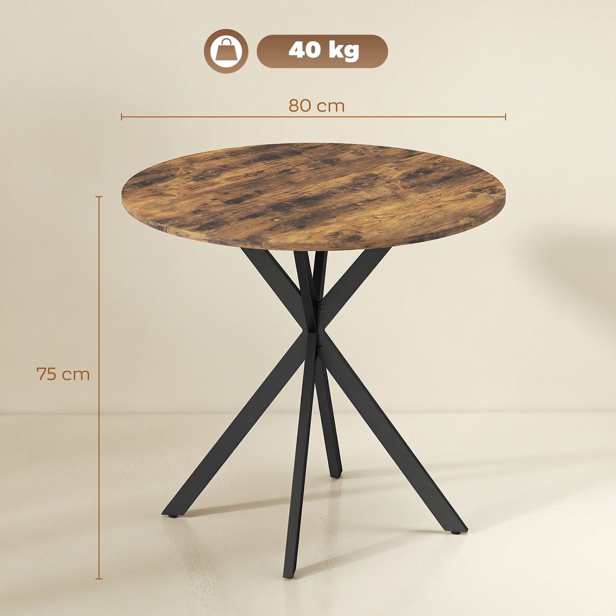 Round Dining Table (31.5 in Ø) Industrial Style with Steel Legs — Kitchen, Dining, Home Office, Rustic Brown