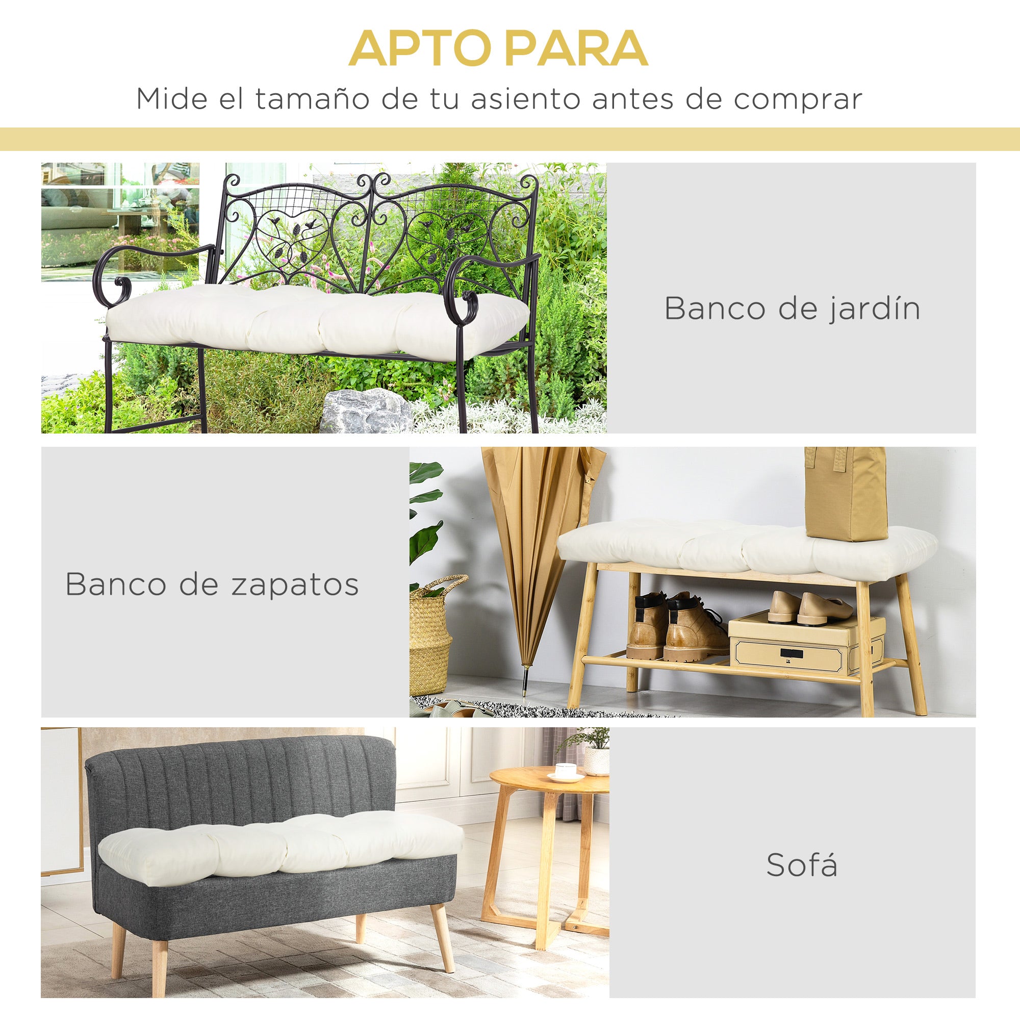 2-Seater Bench Cushion 43.3x18.9x3.1 inches Rectangular Cushion for Indoor and Outdoor Use Washable with 8 Stitches and Comfortable Seat for Chairs Sofas Cream