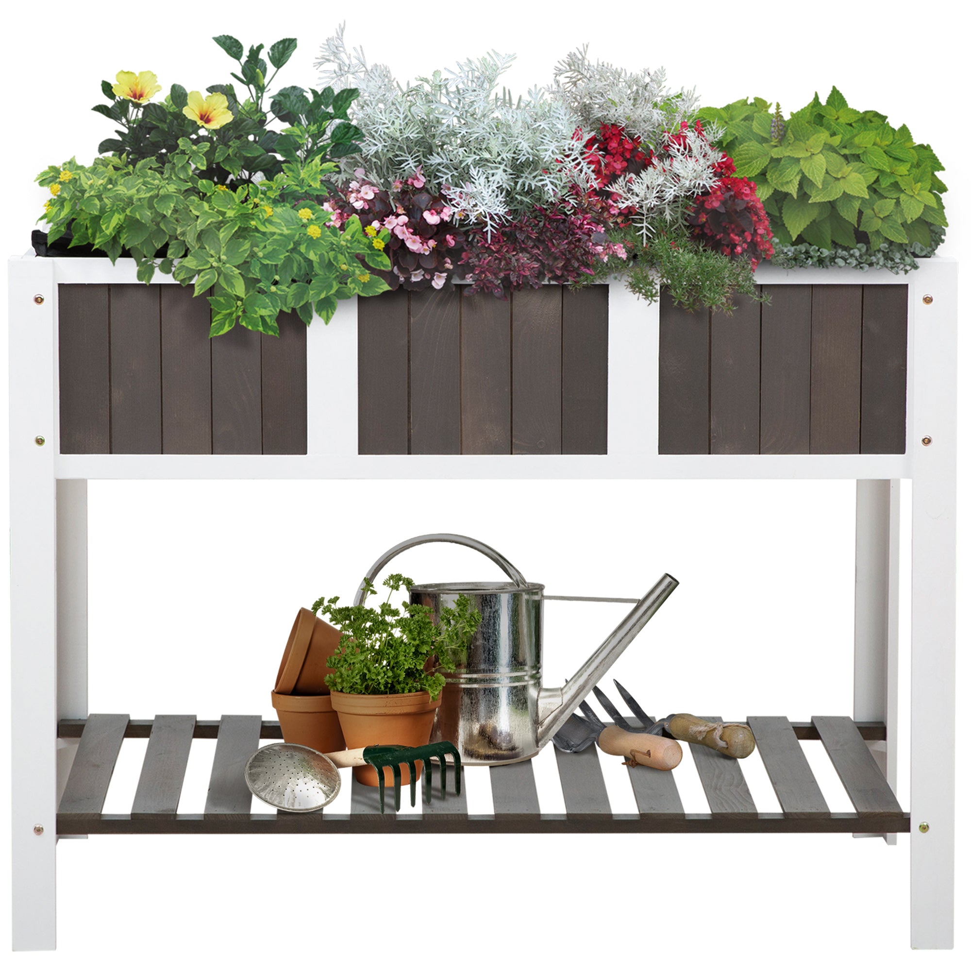 Raised Garden Bed Planting Table Gardening Workbench Wooden Garden Boxes for Vegetables Flowers, Planters with Shelf, 119 x 57 x 89 cm, Fir Wood, Non-woven Fabric, White+Gray
