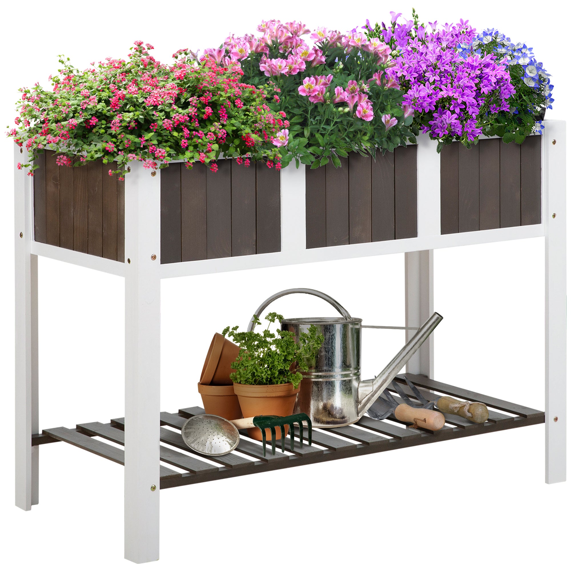 Raised Garden Bed Planting Table Gardening Workbench Wooden Garden Boxes for Vegetables Flowers, Planters with Shelf, 119 x 57 x 89 cm, Fir Wood, Non-woven Fabric, White+Gray
