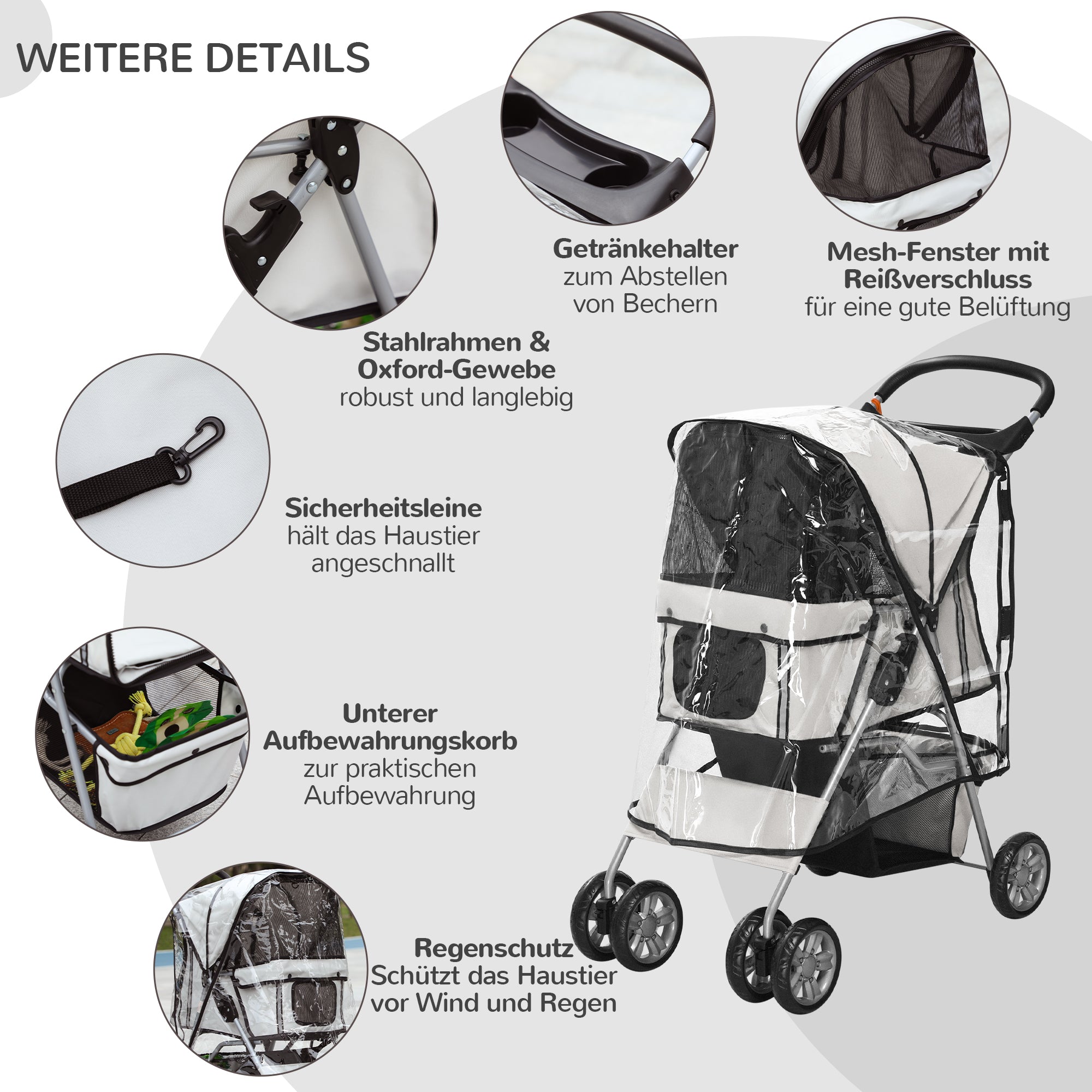 Dog Buggy, Dog Cart with Rain Cover, Foldable Dog Trolley up to 10 kg, Cat Buggy for Small Dogs with Cup Holder, Mesh Window, Cat Cart, Gray, 75 x 45 x 97 cm