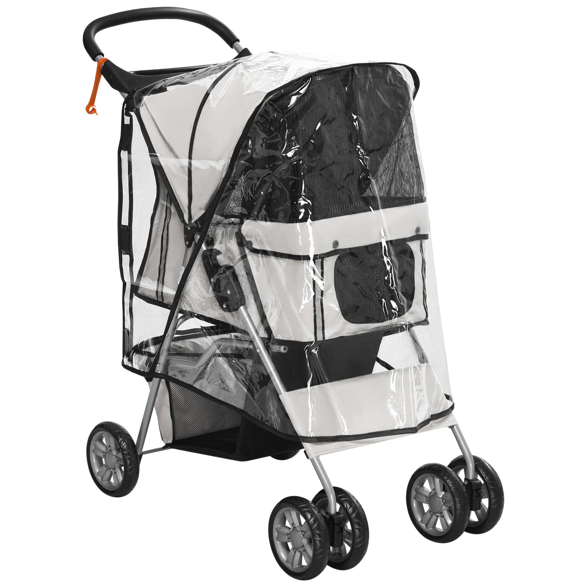 Dog Buggy, Dog Cart with Rain Cover, Foldable Dog Trolley up to 10 kg, Cat Buggy for Small Dogs with Cup Holder, Mesh Window, Cat Cart, Gray, 75 x 45 x 97 cm