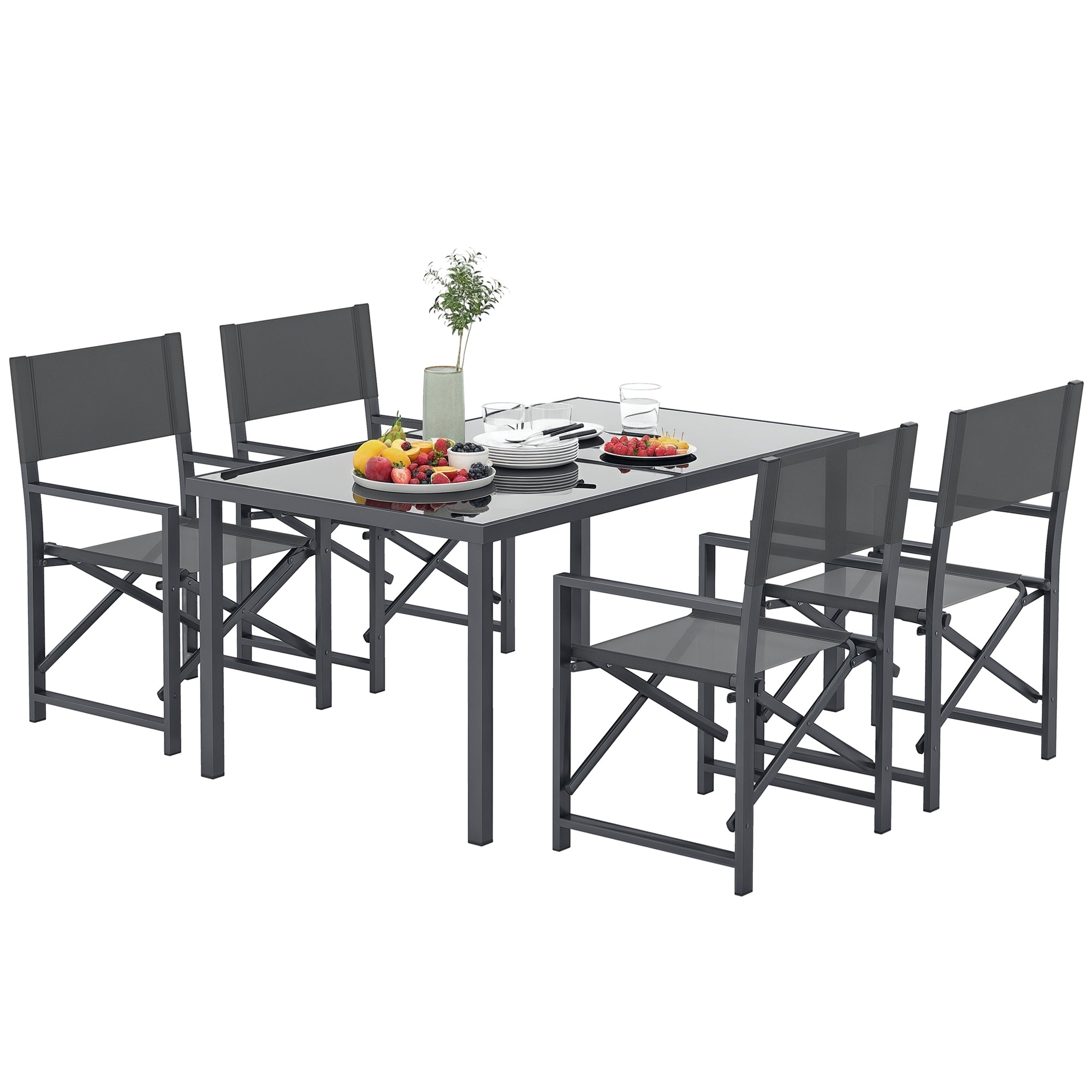 5-Piece Dining Set for 4 Persons with Steel Dining Table and 4 Folding Chairs Dining Group with Glass Table Kitchen Table Set Balcony Furniture Garden Furniture for Patio, Balcony Gray