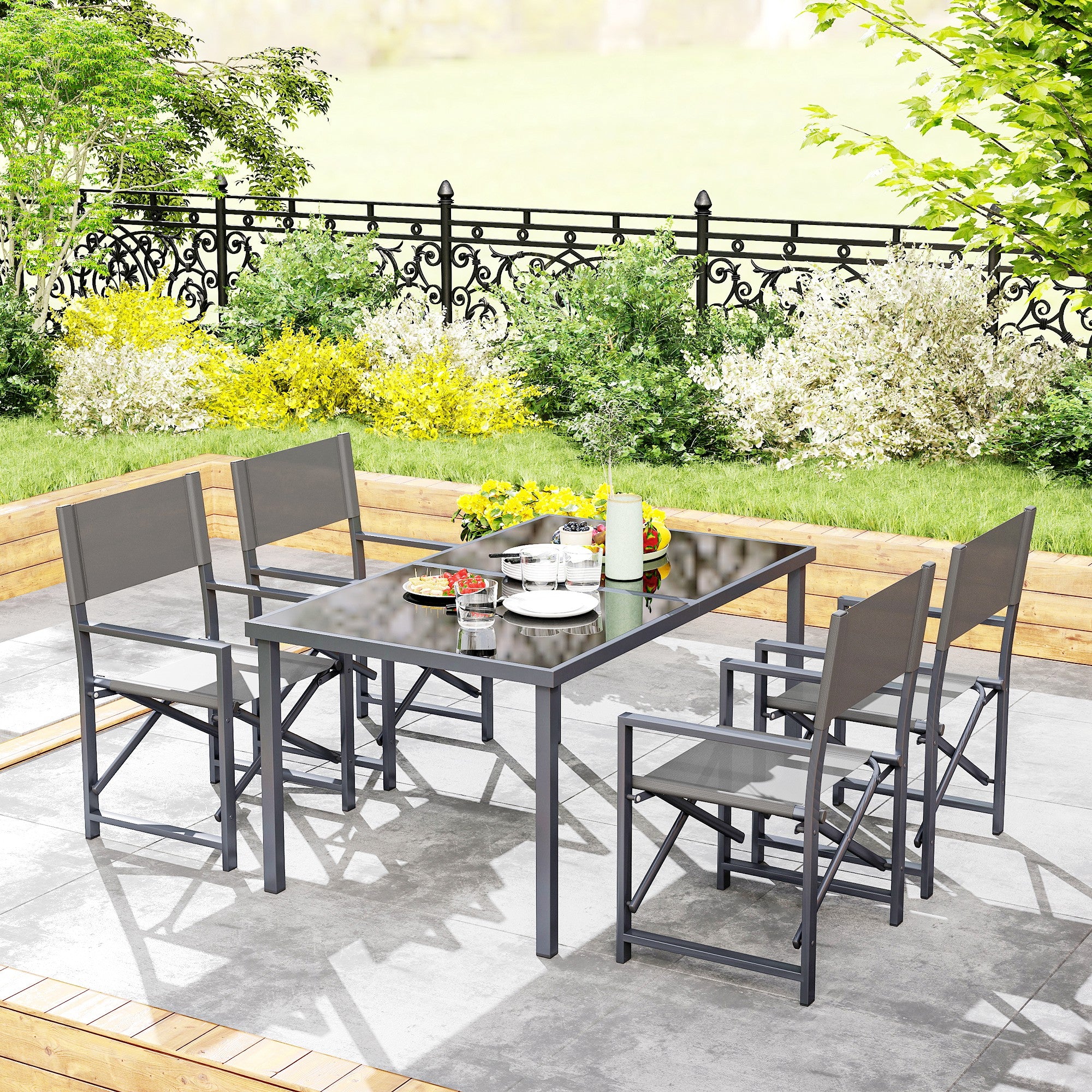 5-Piece Dining Set for 4 Persons with Steel Dining Table and 4 Folding Chairs Dining Group with Glass Table Kitchen Table Set Balcony Furniture Garden Furniture for Patio, Balcony Gray
