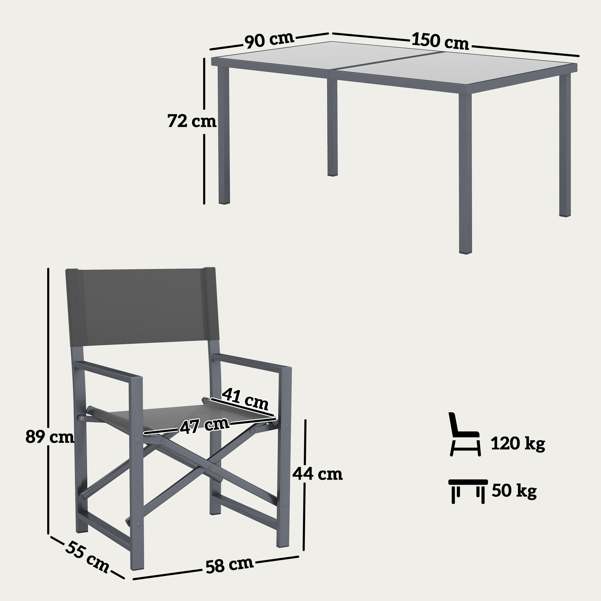 5-Piece Dining Set for 4 Persons with Steel Dining Table and 4 Folding Chairs Dining Group with Glass Table Kitchen Table Set Balcony Furniture Garden Furniture for Patio, Balcony Gray