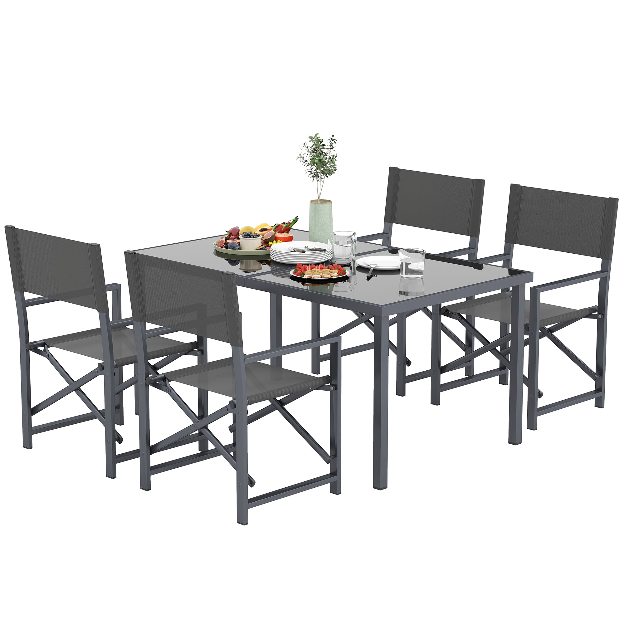 5-Piece Dining Set for 4 Persons with Steel Dining Table and 4 Folding Chairs Dining Group with Glass Table Kitchen Table Set Balcony Furniture Garden Furniture for Patio, Balcony Gray