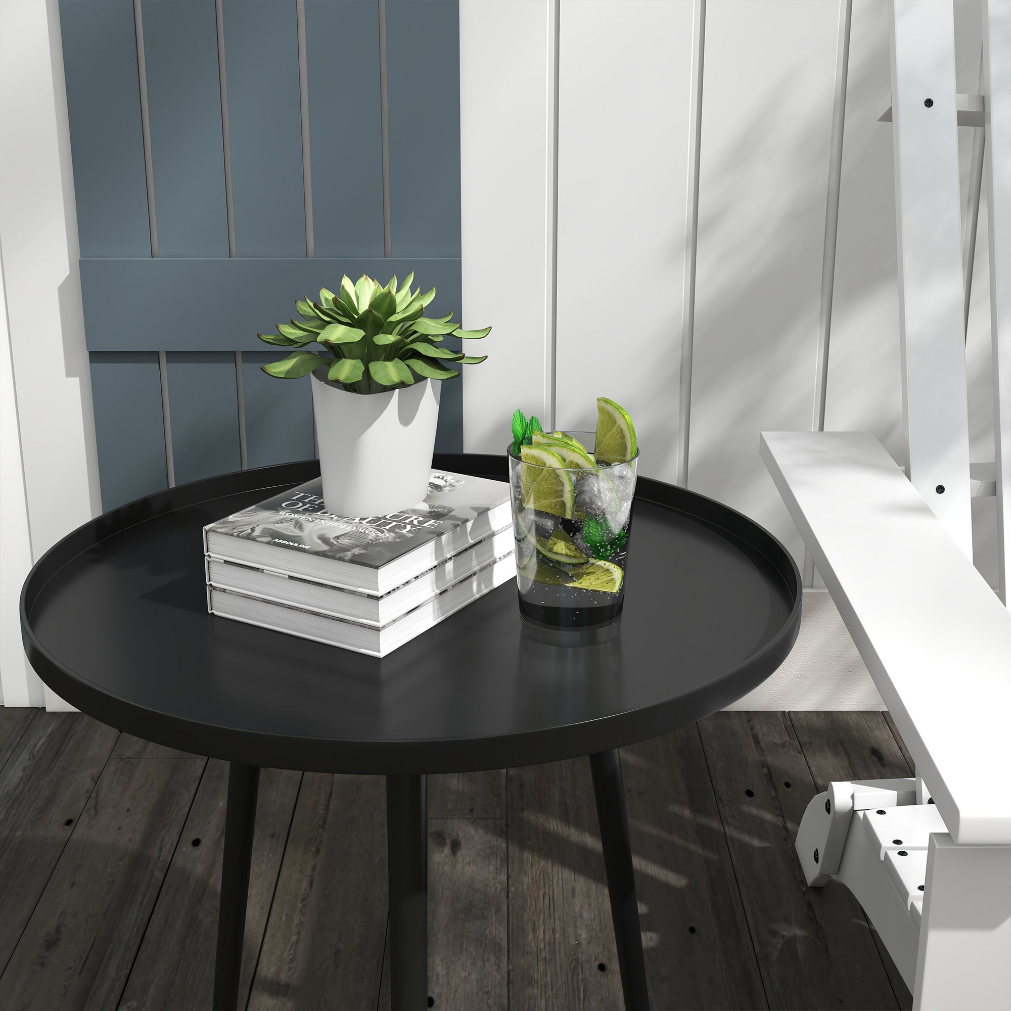 Side Table Garden, weatherproof outdoor table with raised edge, steel balcony table, round coffee table 20kg load capacity, Ø40x50H cm, coffee table for outdoor indoor balcony terrace Black
