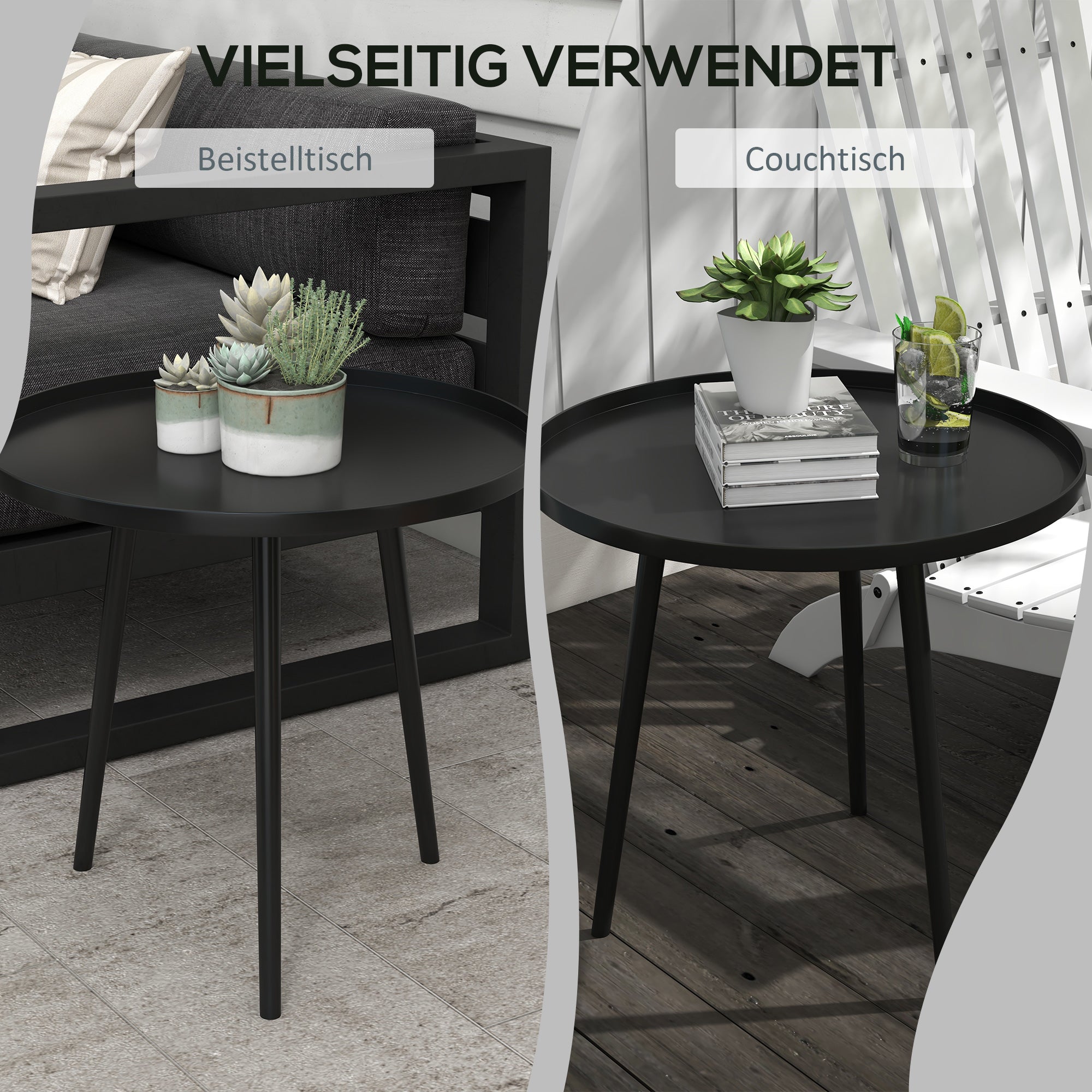 Side Table Garden, weatherproof outdoor table with raised edge, steel balcony table, round coffee table 20kg load capacity, Ø40x50H cm, coffee table for outdoor indoor balcony terrace Black