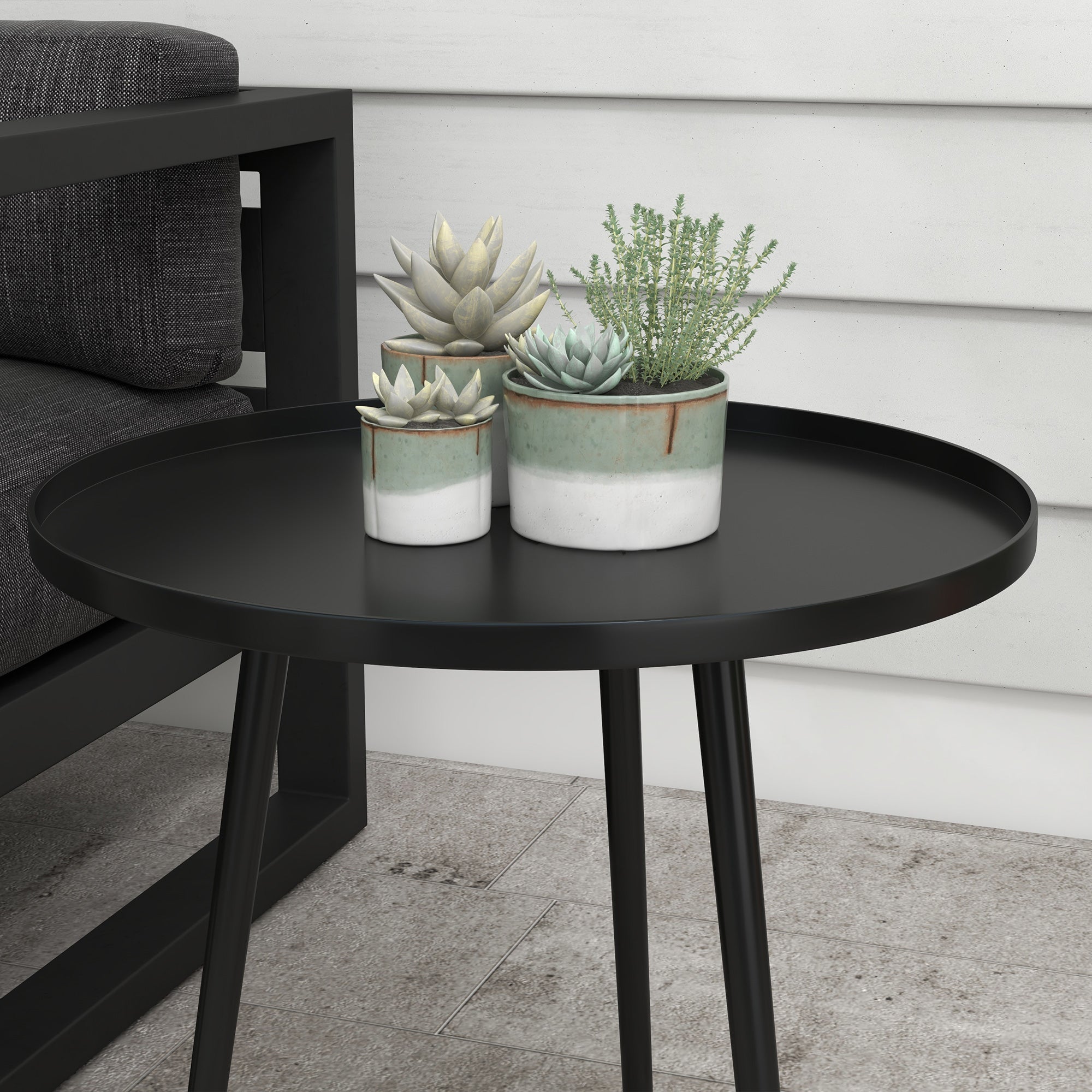 Side Table Garden, weatherproof outdoor table with raised edge, steel balcony table, round coffee table 20kg load capacity, Ø40x50H cm, coffee table for outdoor indoor balcony terrace Black