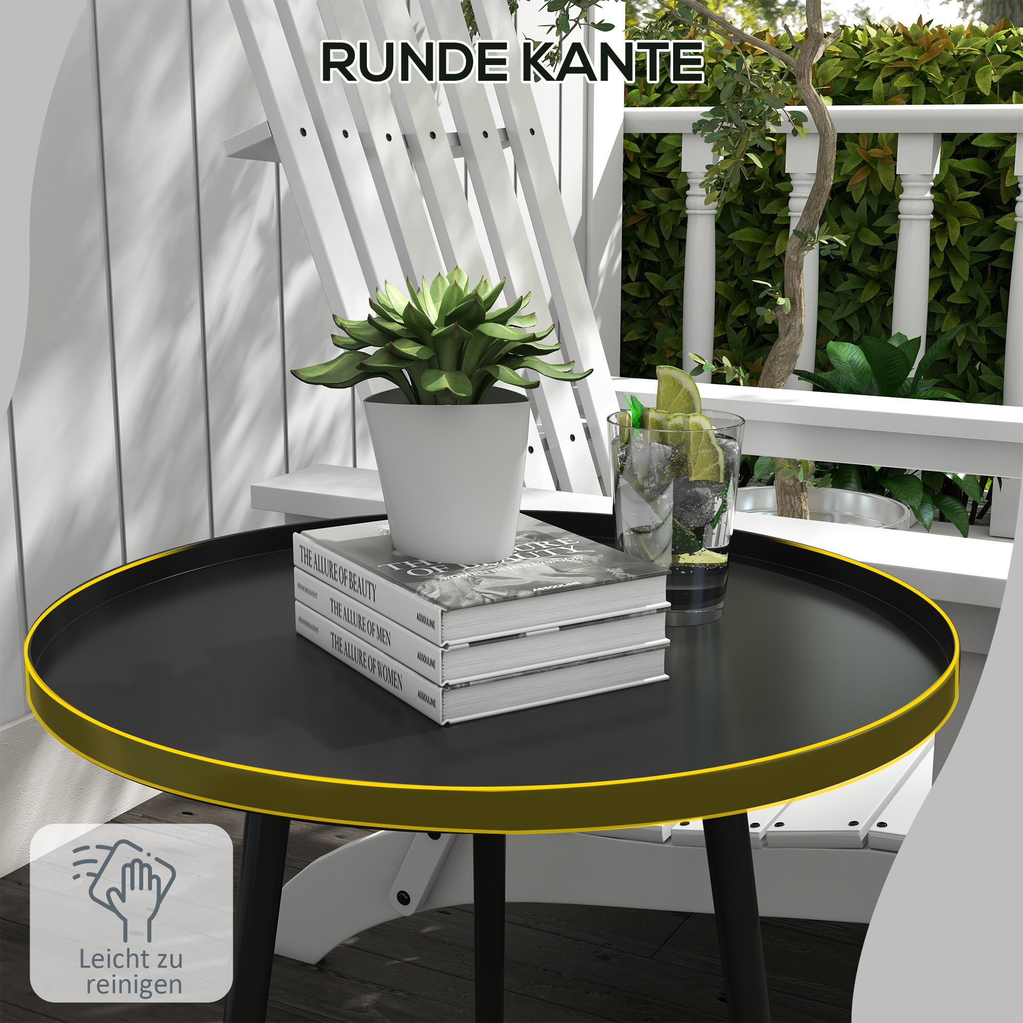 Side Table Garden, weatherproof outdoor table with raised edge, steel balcony table, round coffee table 20kg load capacity, Ø40x50H cm, coffee table for outdoor indoor balcony terrace Black