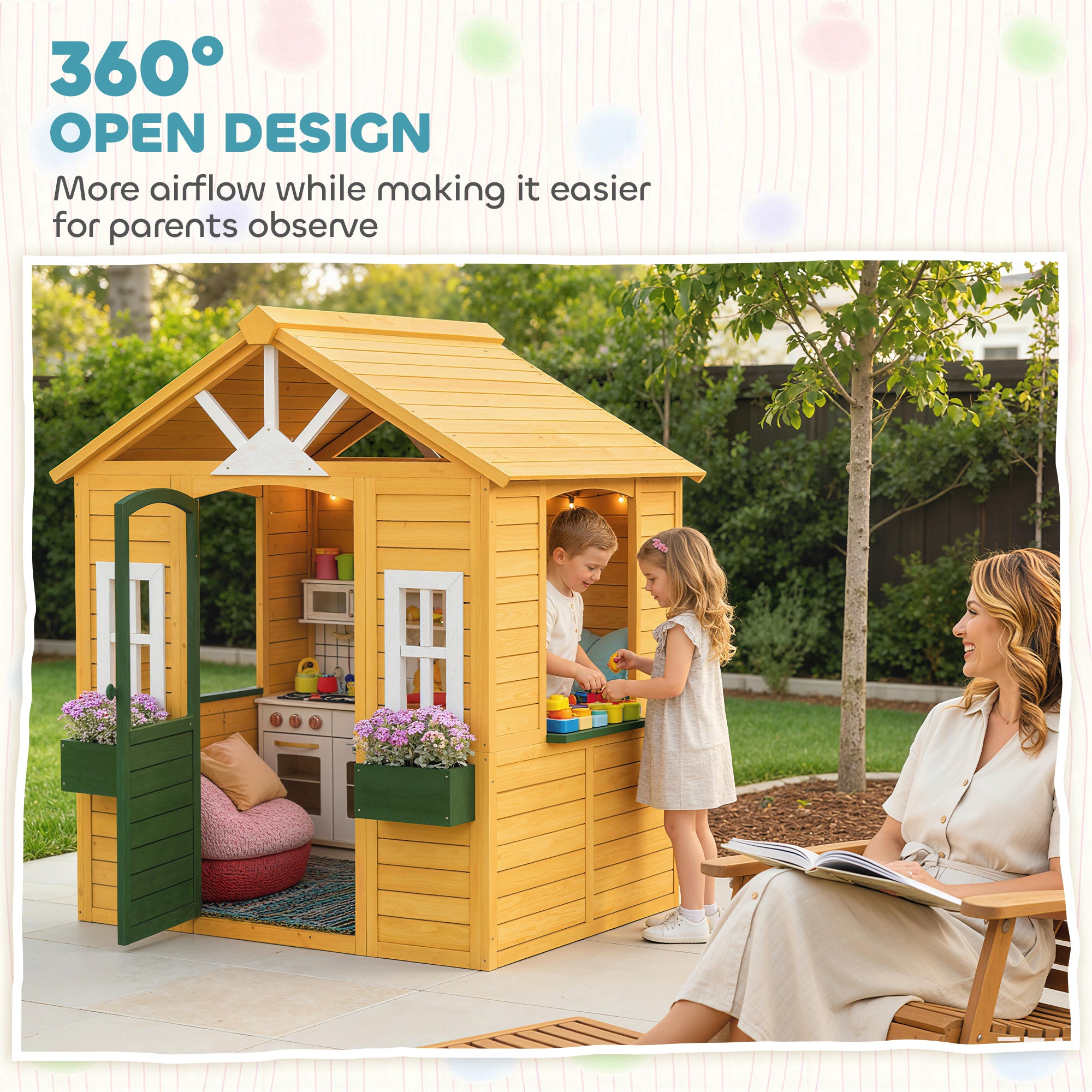 Wooden Kids Playhouse Outdoor — Door, 3 Windows, 2 Planters, Ages 3–8 — 53 x 38 x 59 in (134.5 x 97 x 150 cm), Brown