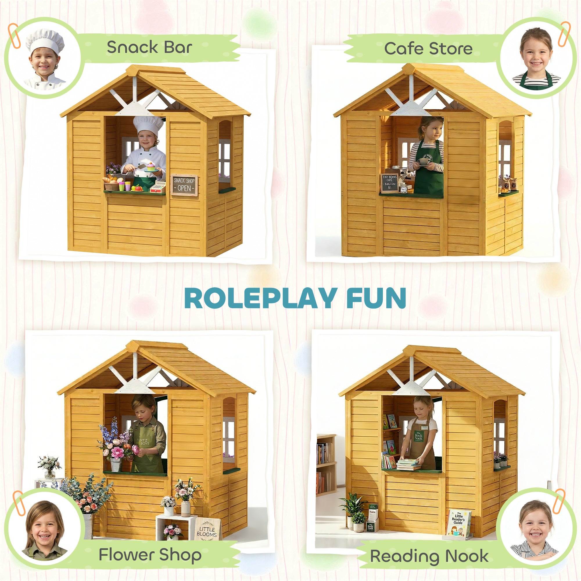 Wooden Kids Playhouse Outdoor — Door, 3 Windows, 2 Planters, Ages 3–8 — 53 x 38 x 59 in (134.5 x 97 x 150 cm), Brown