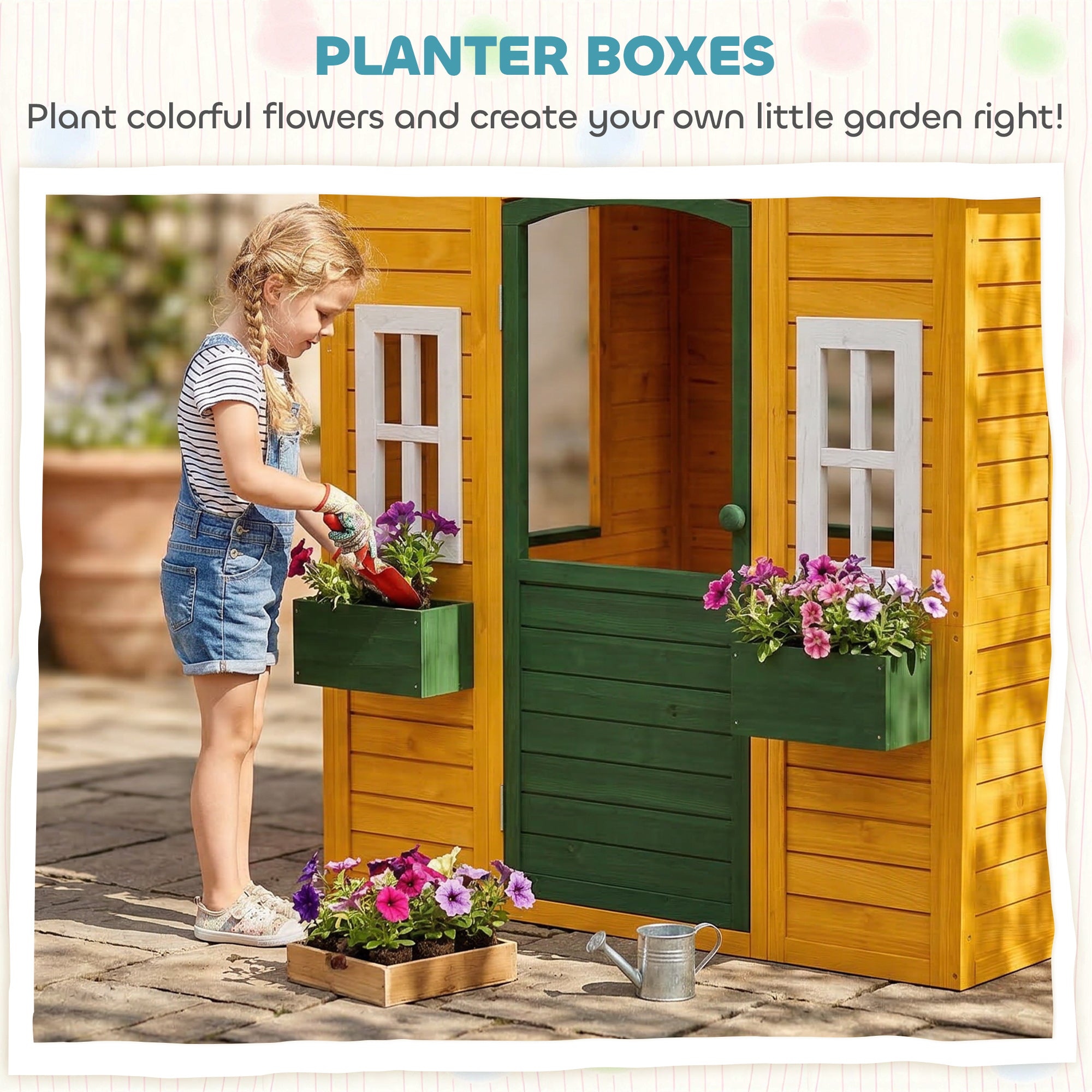 Wooden Kids Playhouse Outdoor — Door, 3 Windows, 2 Planters, Ages 3–8 — 53 x 38 x 59 in (134.5 x 97 x 150 cm), Brown