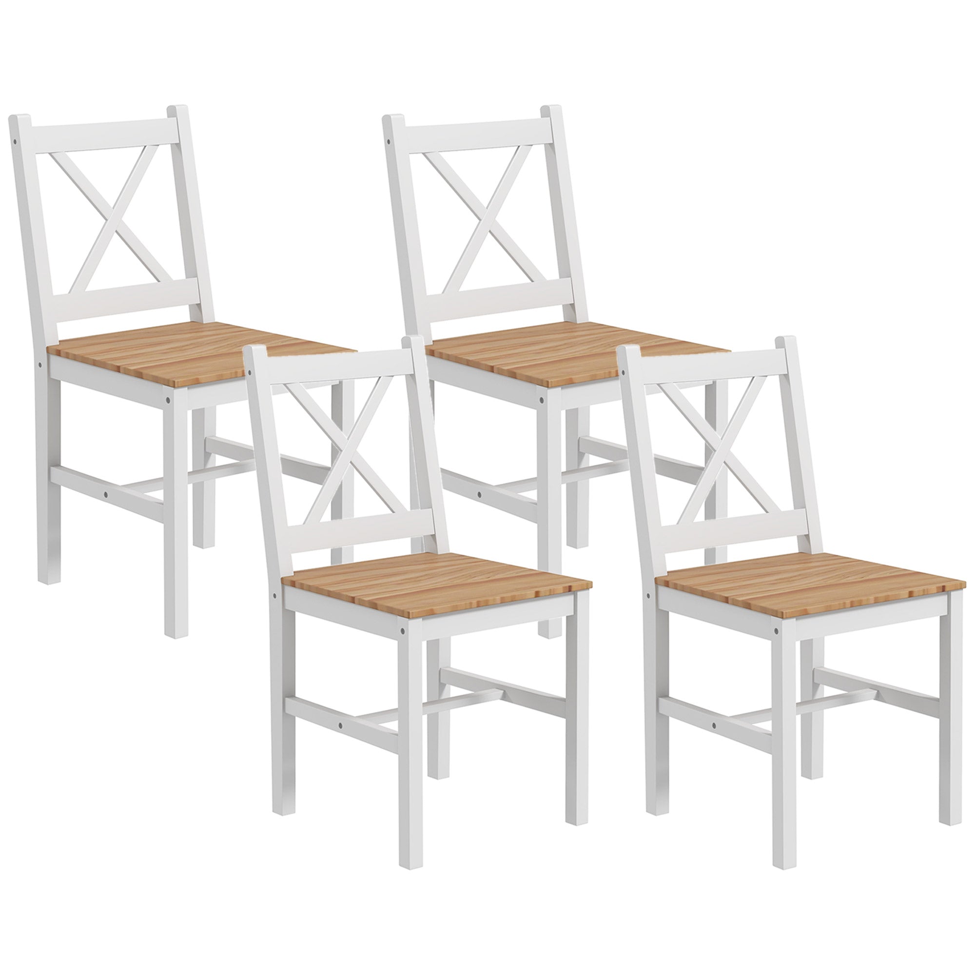 Set of 4 dining chairs, kitchen chairs, countryside style, high backrest, pine wood frame, for living room, bedroom, kitchen, natural wood and white