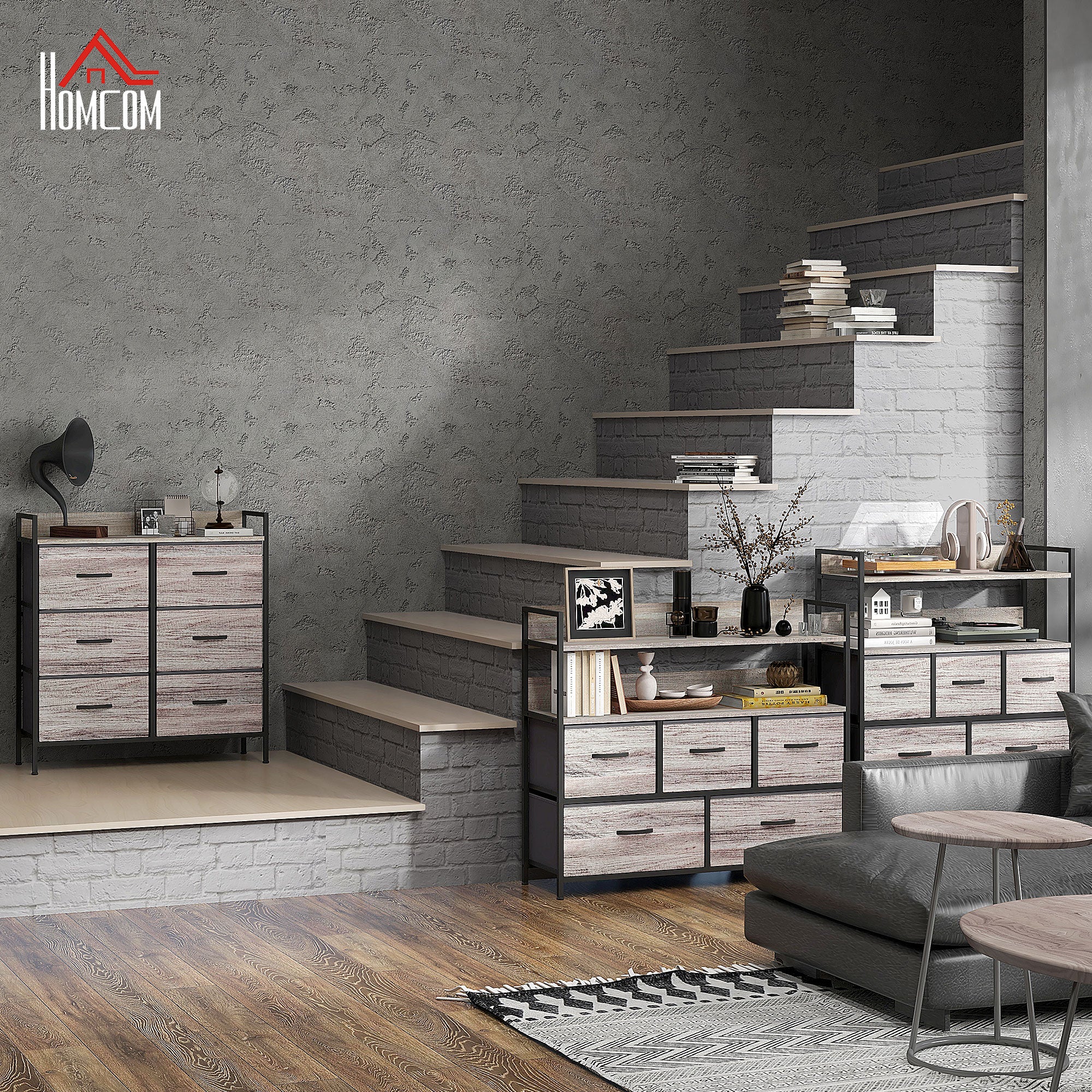 Chest of Drawers with 6 Fabric Drawers Storage Cabinet Dresser with Woodgrain, Handles, Steel Frame, Industrial Design Sideboard for Living Room Gray